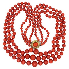 Mid-Century Modern Triple Strand Red Coral Beads and Gold Clasp Vintage Necklace