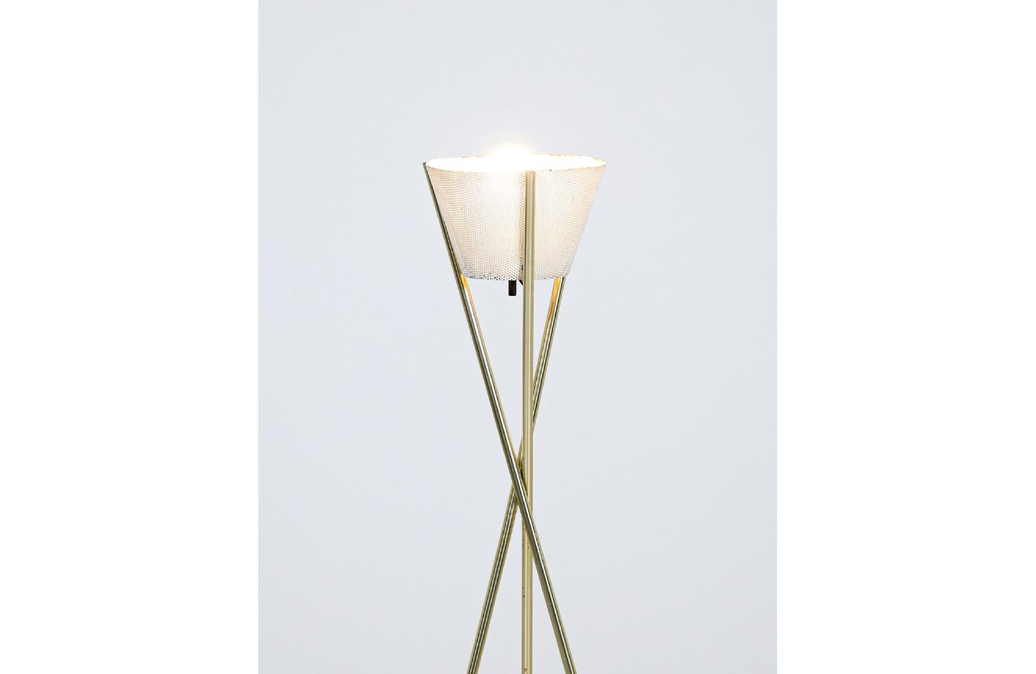 American Mid-Century Modern Tripod Brass Floor Lamp For Sale