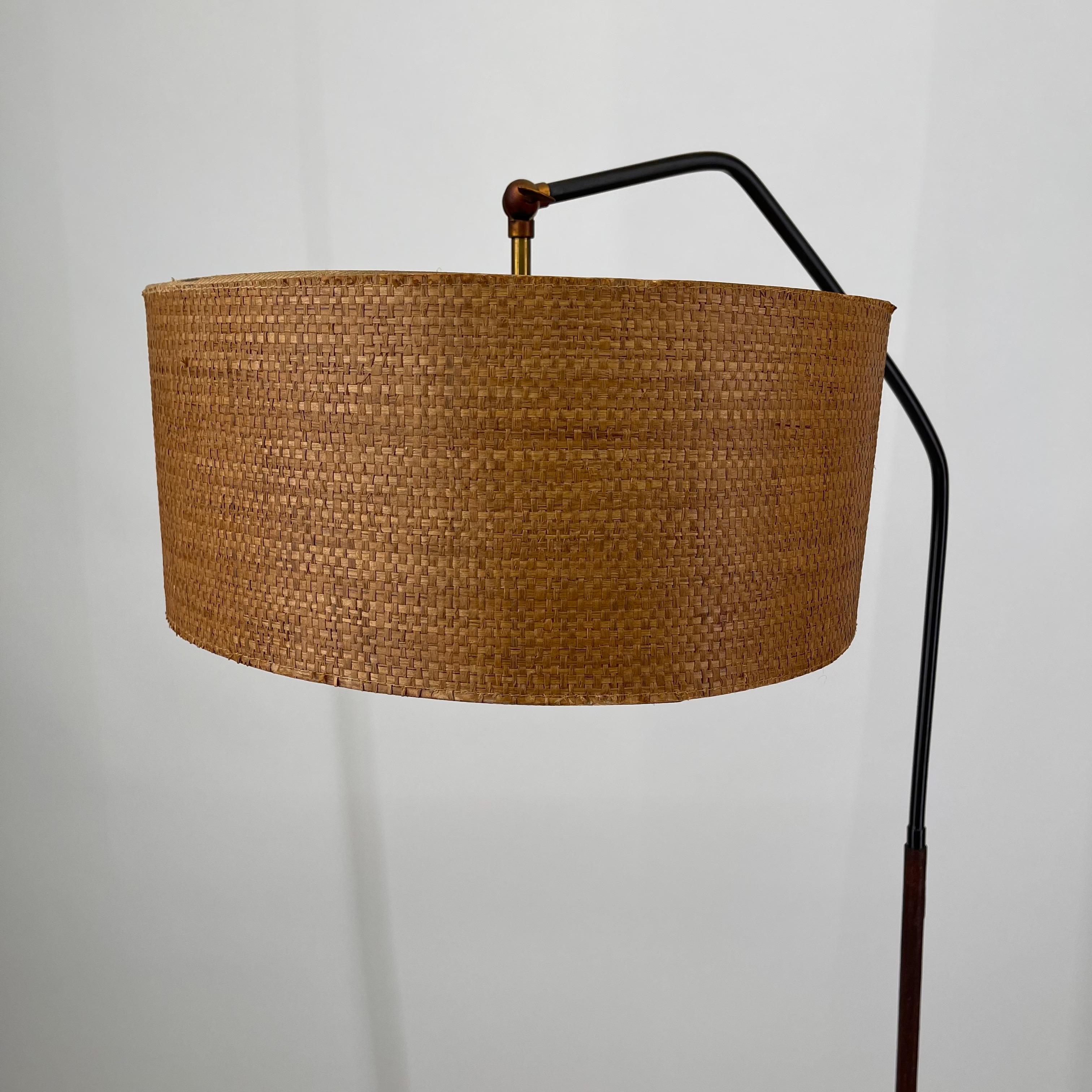 MidCentury Modern Tripod Brass Rattan Shade Floor Lamp by Kalmar, Austria 1964 For Sale at