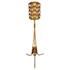 Mid-Century Modern Tripod Floor Lamp In Bamboo And Rattan - Spain 1960