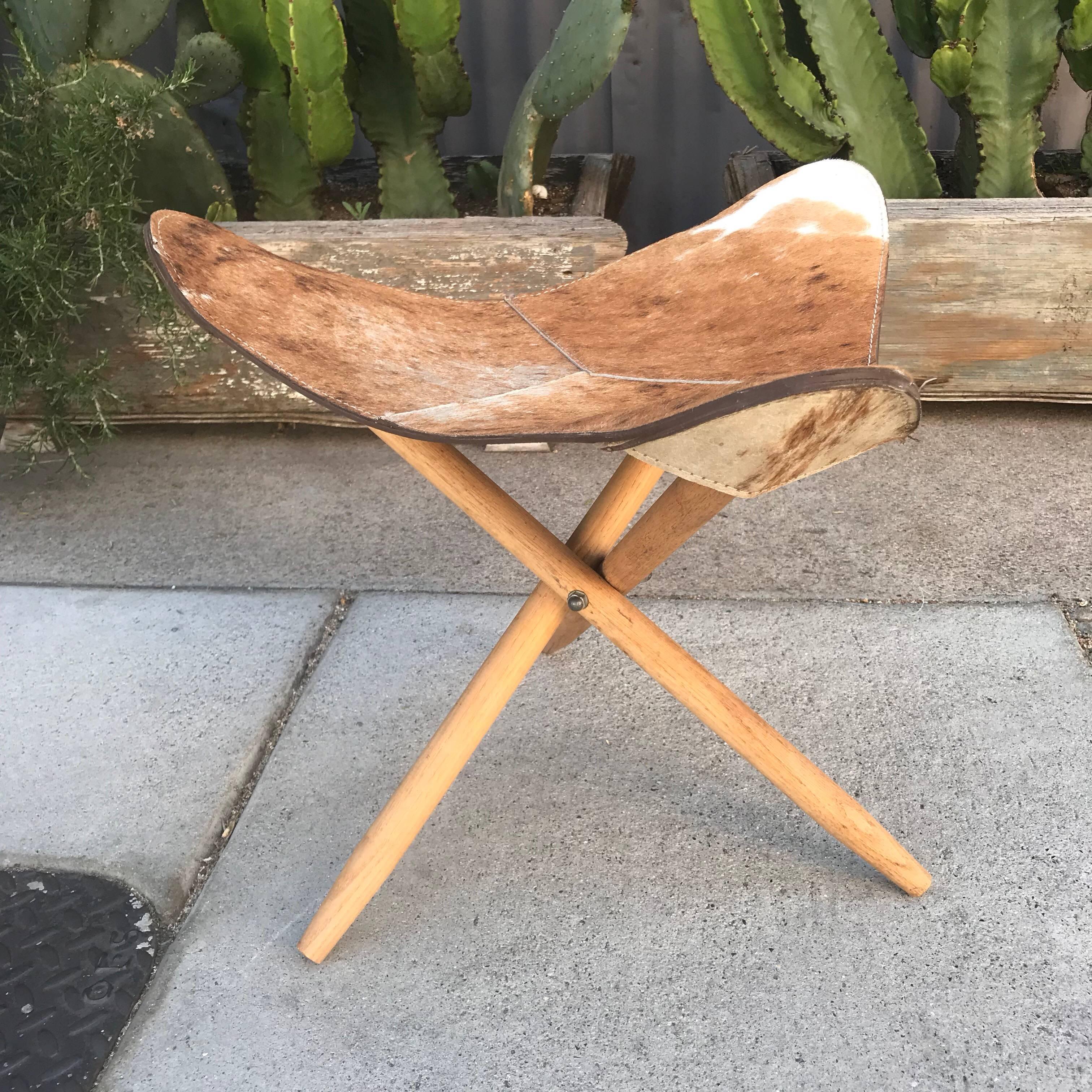 Late 20th Century Mid-Century Modern Tripod Stool with Cowhide