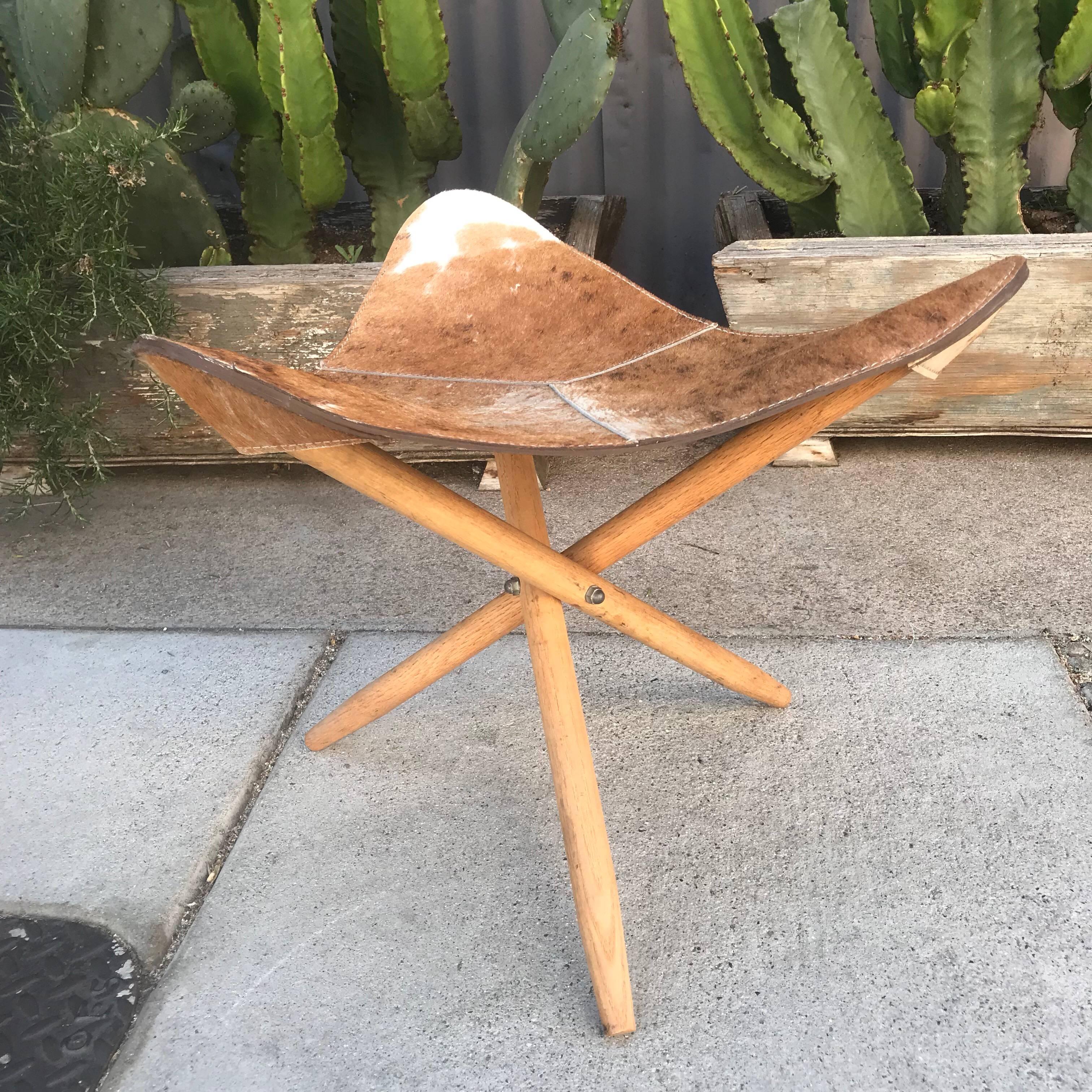 Mid-Century Modern Tripod Stool with Cowhide 1