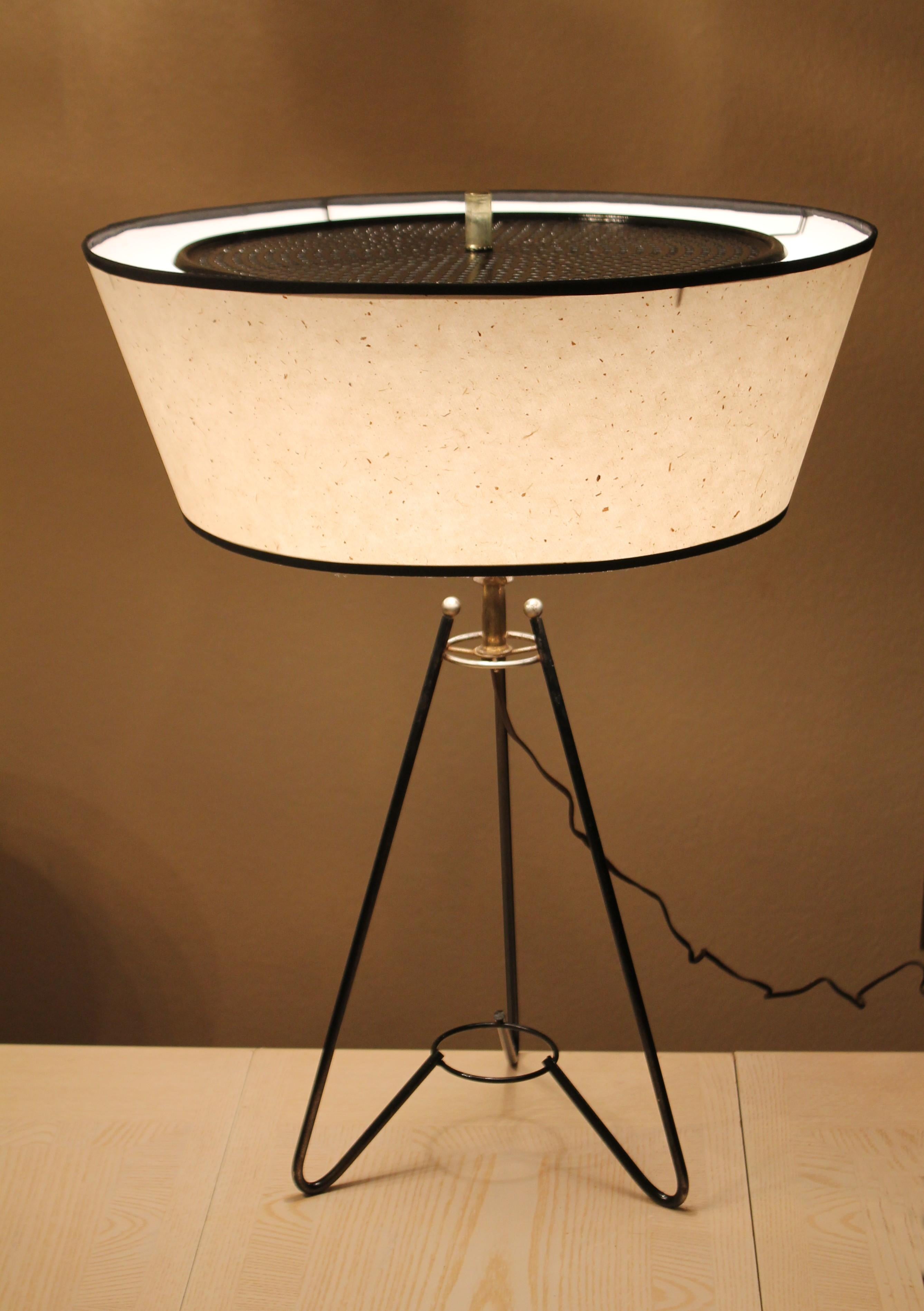 Metal Mid Century Modern Tripod Table Lamp! Atomic Heifetz Era 1950s Inverted Shade For Sale