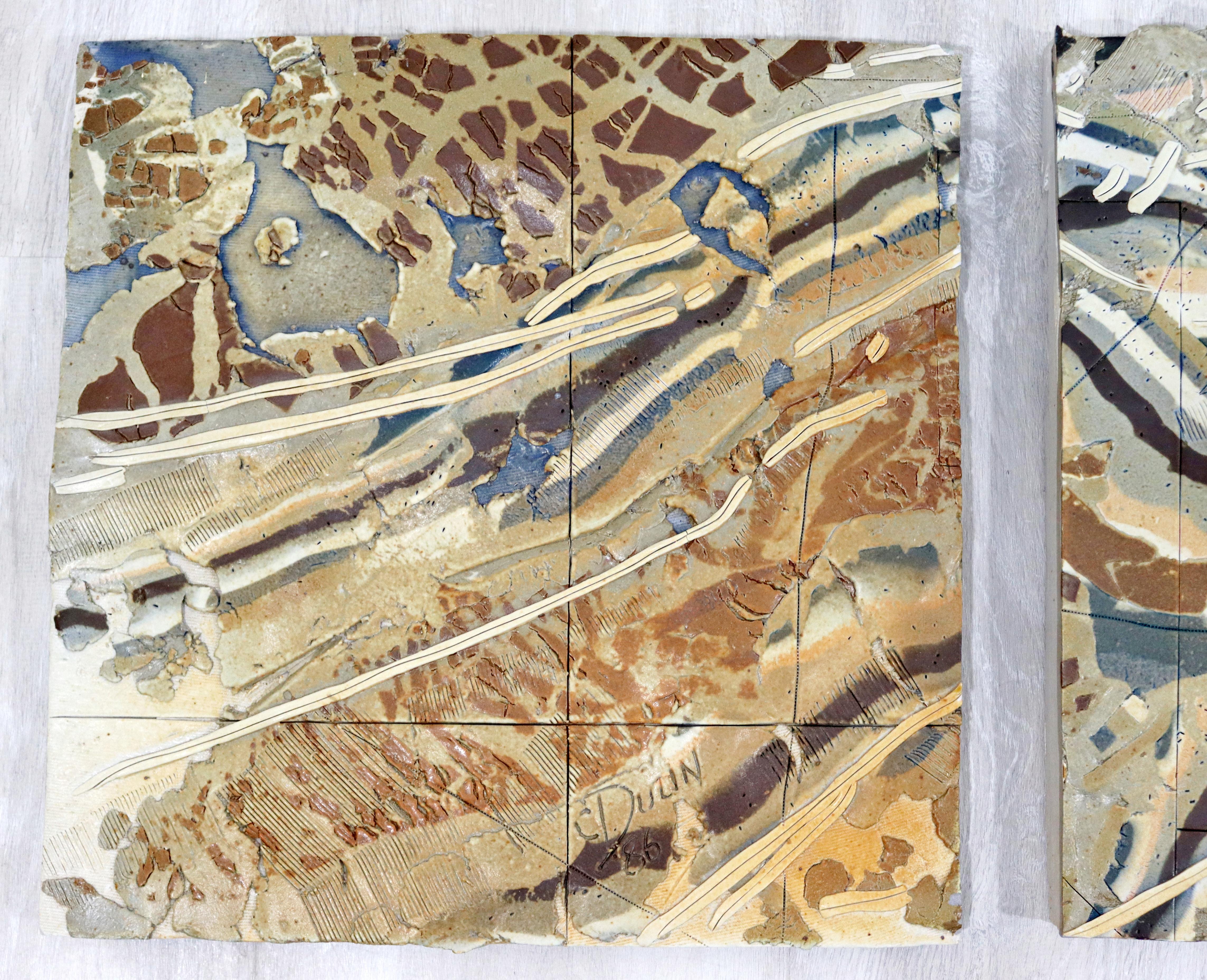Mid-Century Modern Triptych C. Dunn Signed Ceramic Tile Sculptures Topography In Good Condition In Keego Harbor, MI