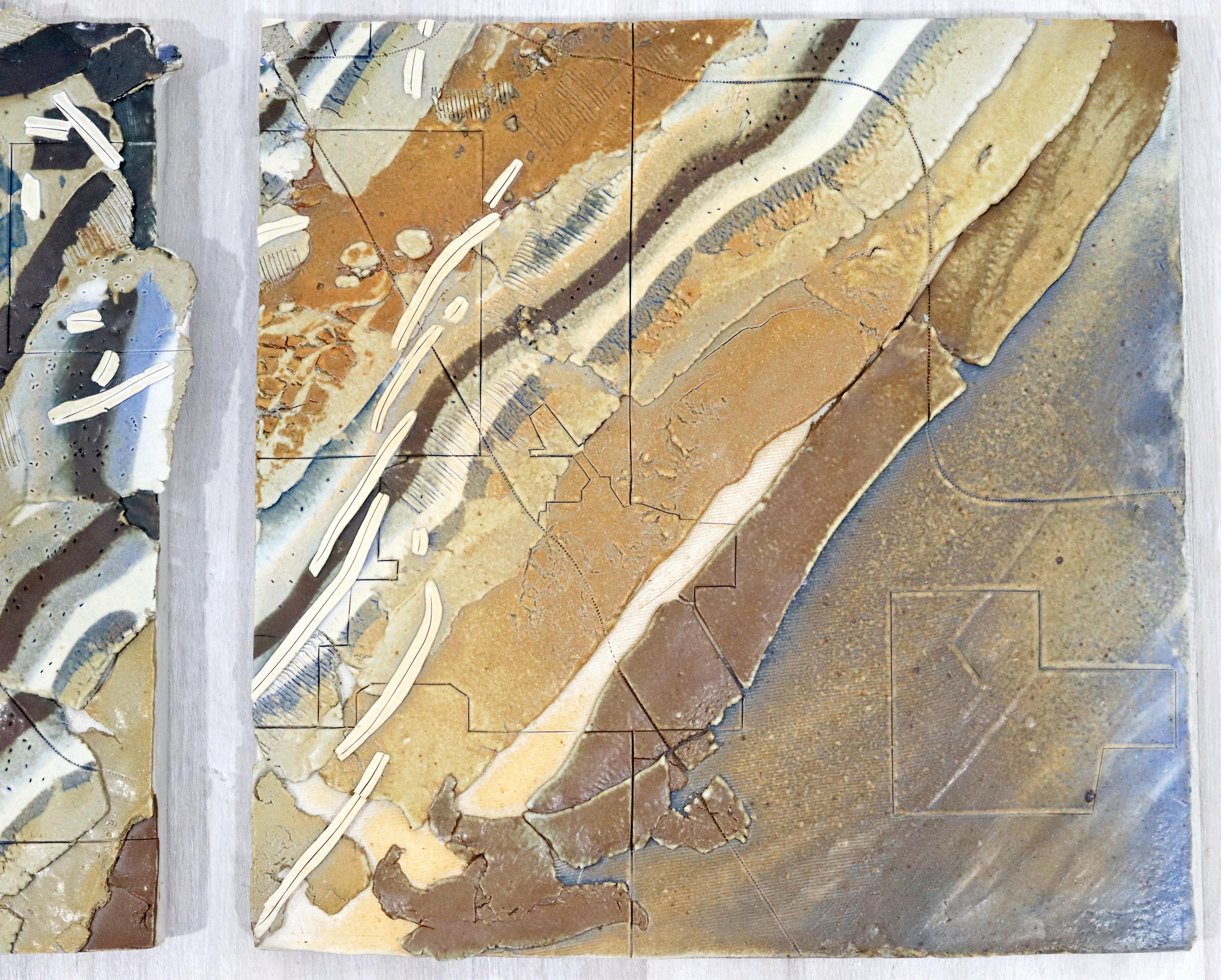 Mid-Century Modern Triptych C. Dunn Signed Ceramic Tile Sculptures Topography 2