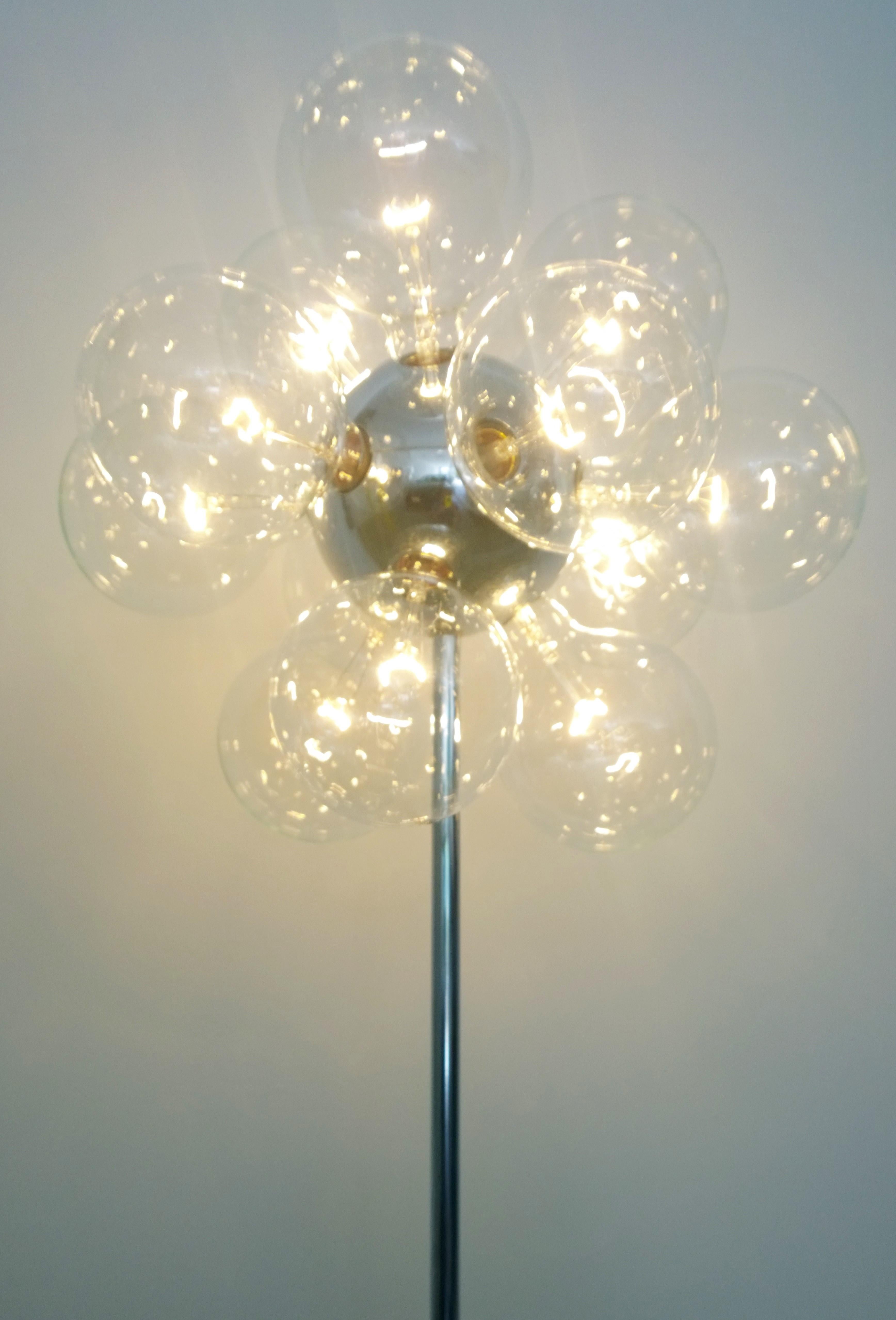 TSAO Designs Chromed Steel Ten Large Clear Globe Glass Globe Sputnik Floor Lamp For Sale 4