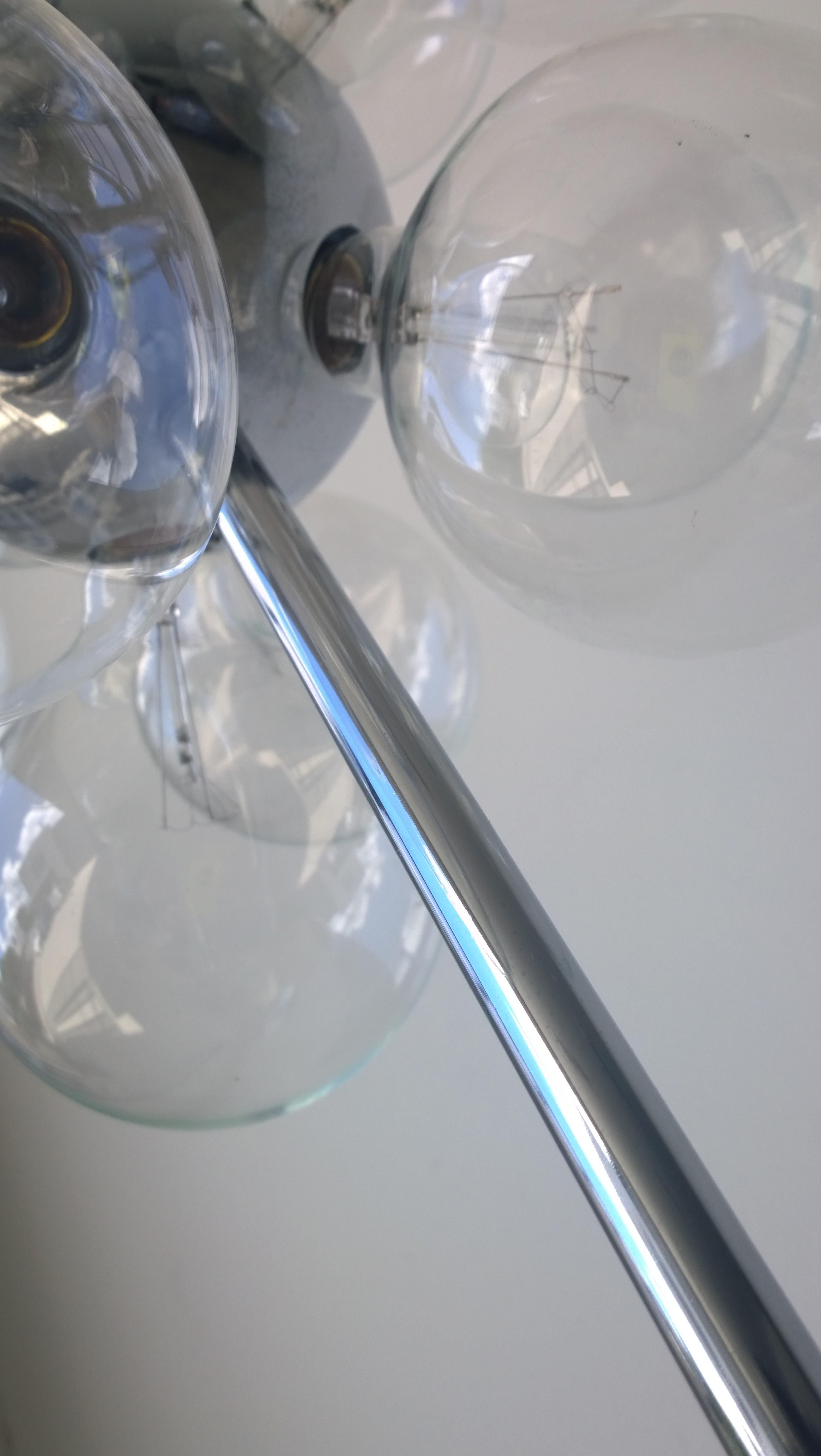 Mid-Century Modern TSAO Designs Chromed Steel Ten Large Clear Globe Glass Globe Sputnik Floor Lamp For Sale