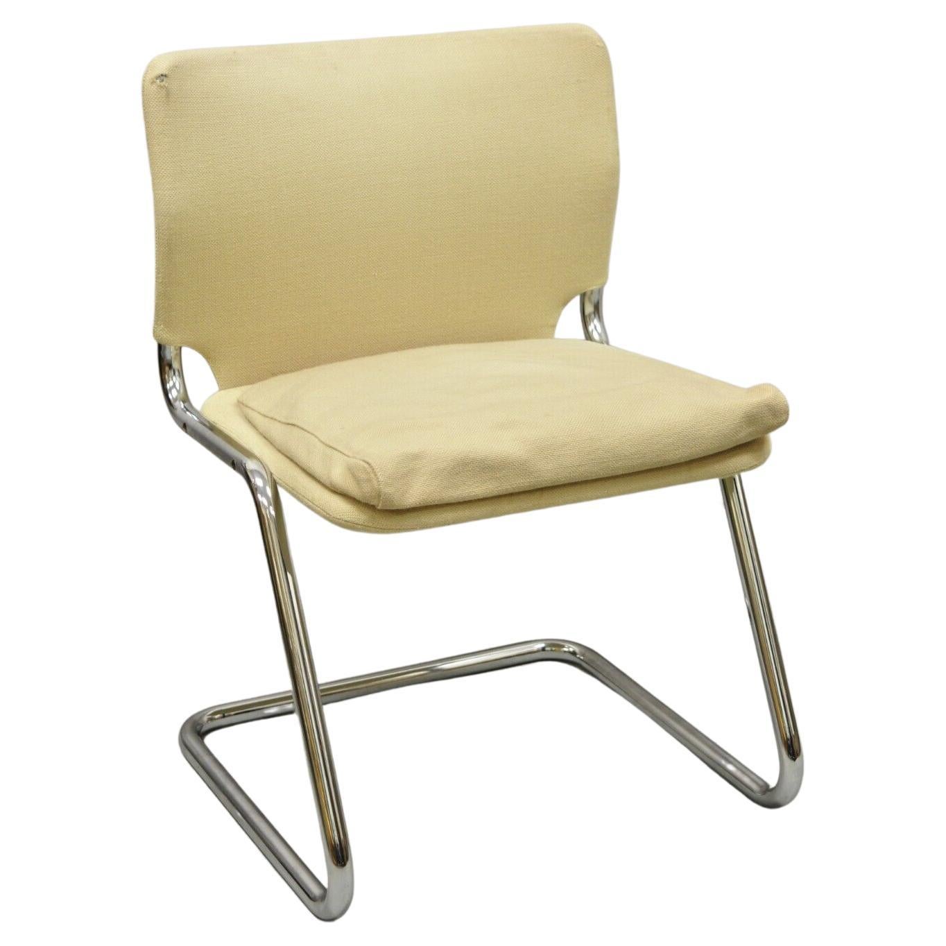 Mid-Century Modern Tubular Chrome Cantilever Side Chair with Burlap Seat For Sale