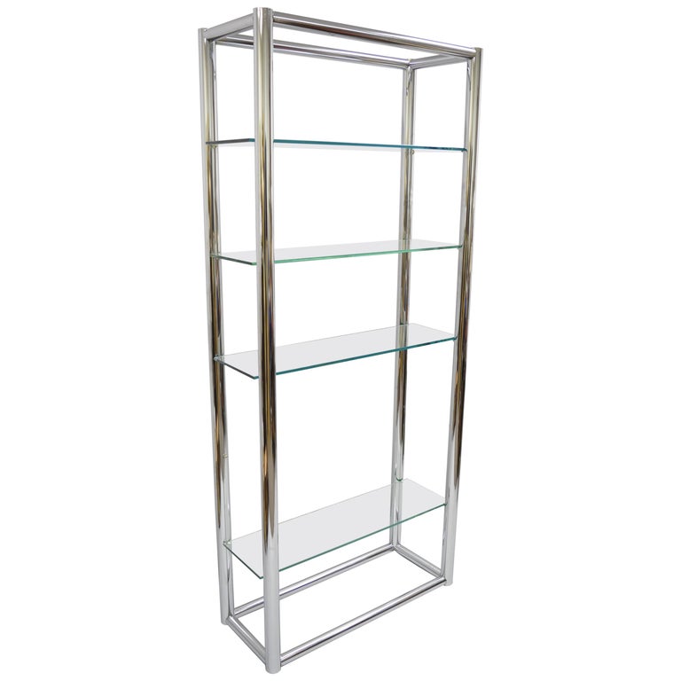 MidCentury Modern Tubular Chrome Étagère Bookcase Glass Shelf Baughman