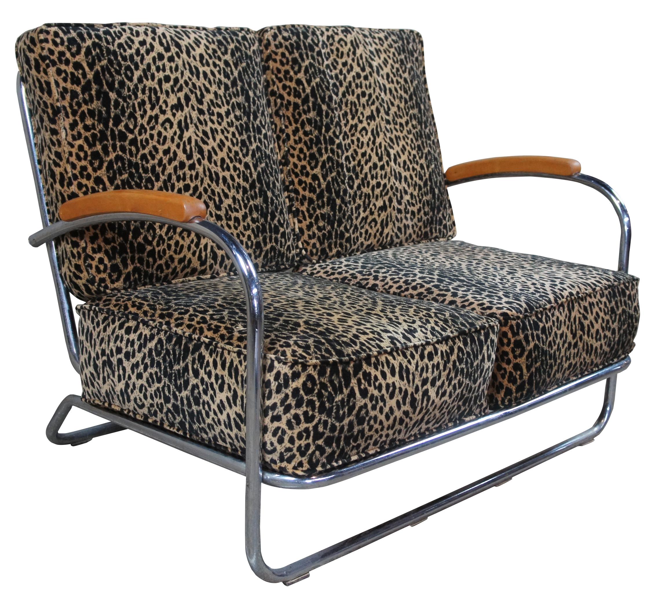 Mid-Century Modern Tubular Chrome Leopard Arm Chair Loveseat Settee Machine Age In Good Condition In Dayton, OH