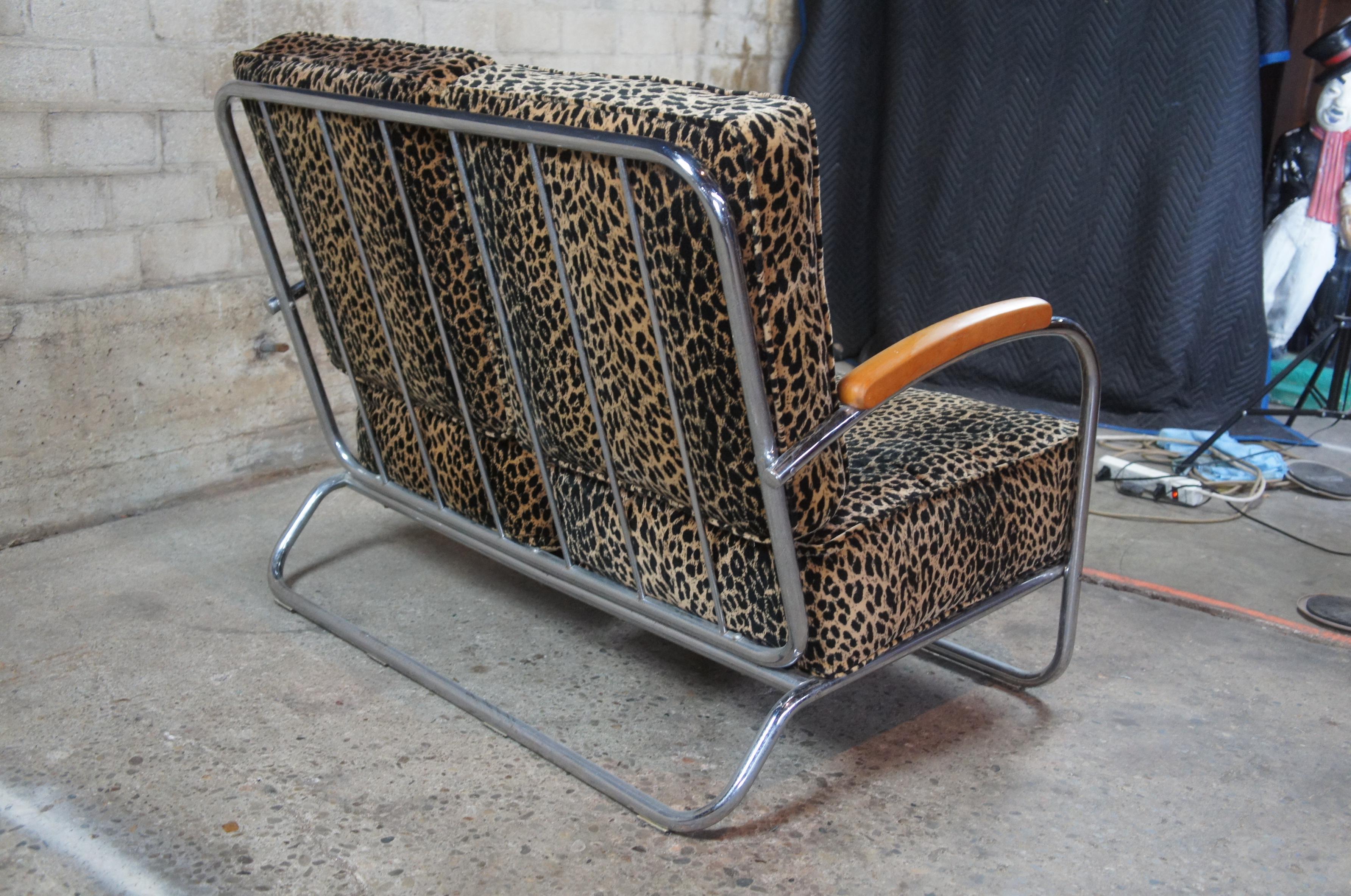 Upholstery Mid-Century Modern Tubular Chrome Leopard Arm Chair Loveseat Settee Machine Age