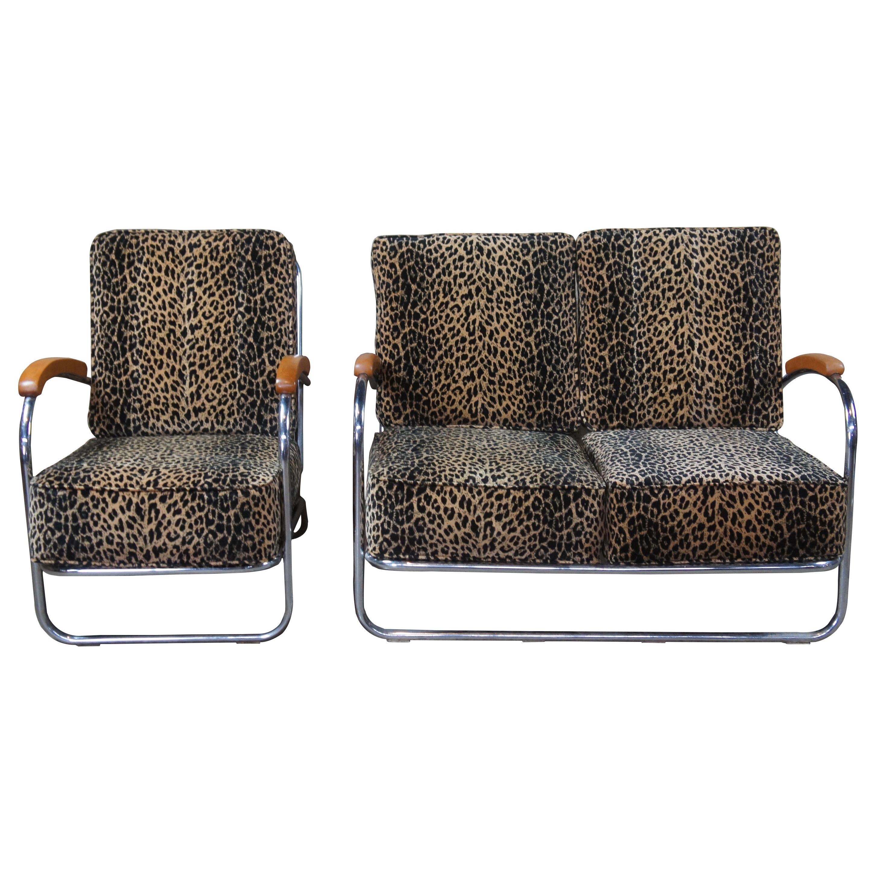 Mid-Century Modern Tubular Chrome Leopard Arm Chair Loveseat Settee Machine Age