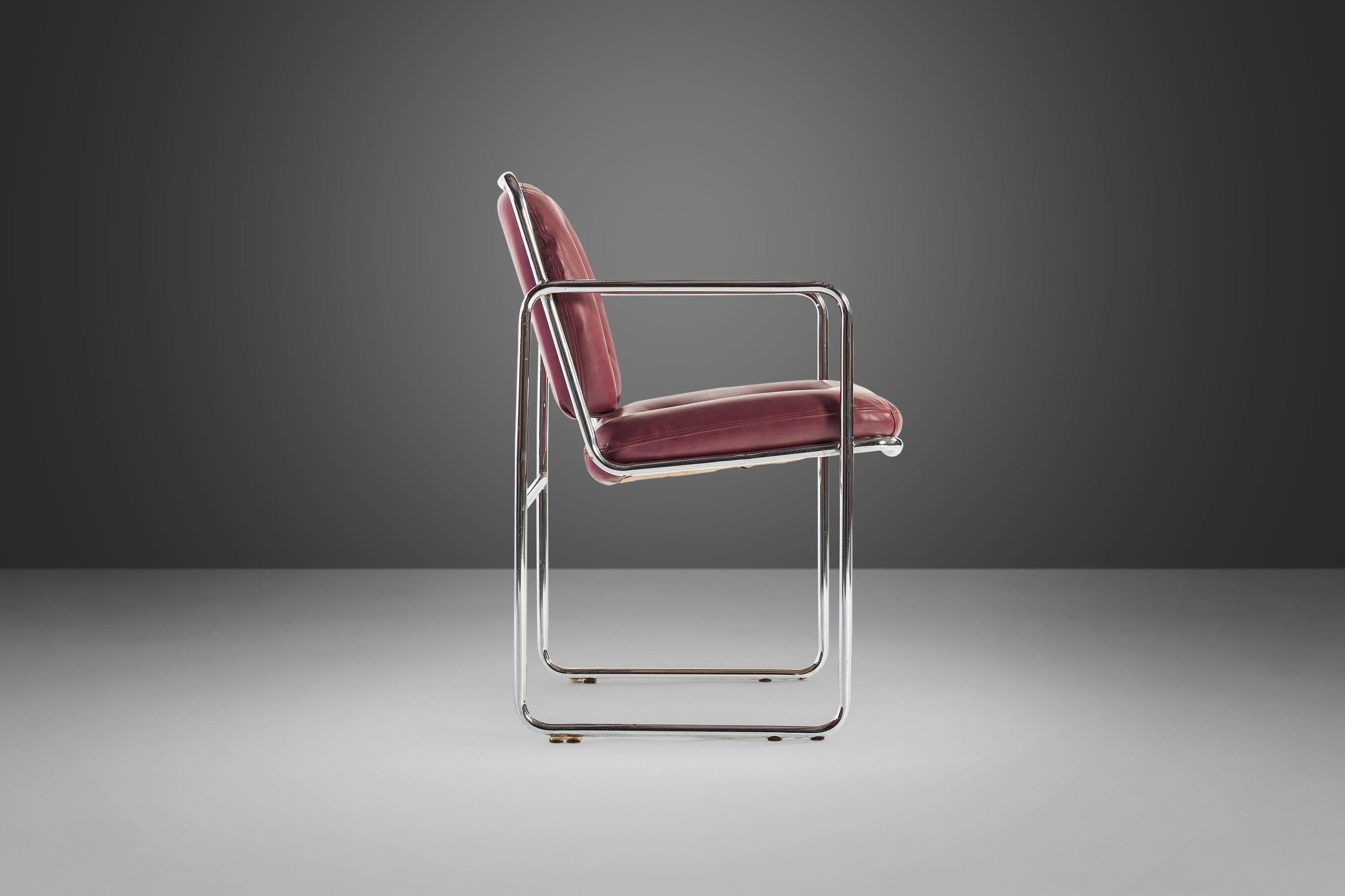 MCM Tubular Chrome Lounge Chairs by Chromcraft with Rich Oxblood Seats, c. 1960s In Good Condition For Sale In Deland, FL