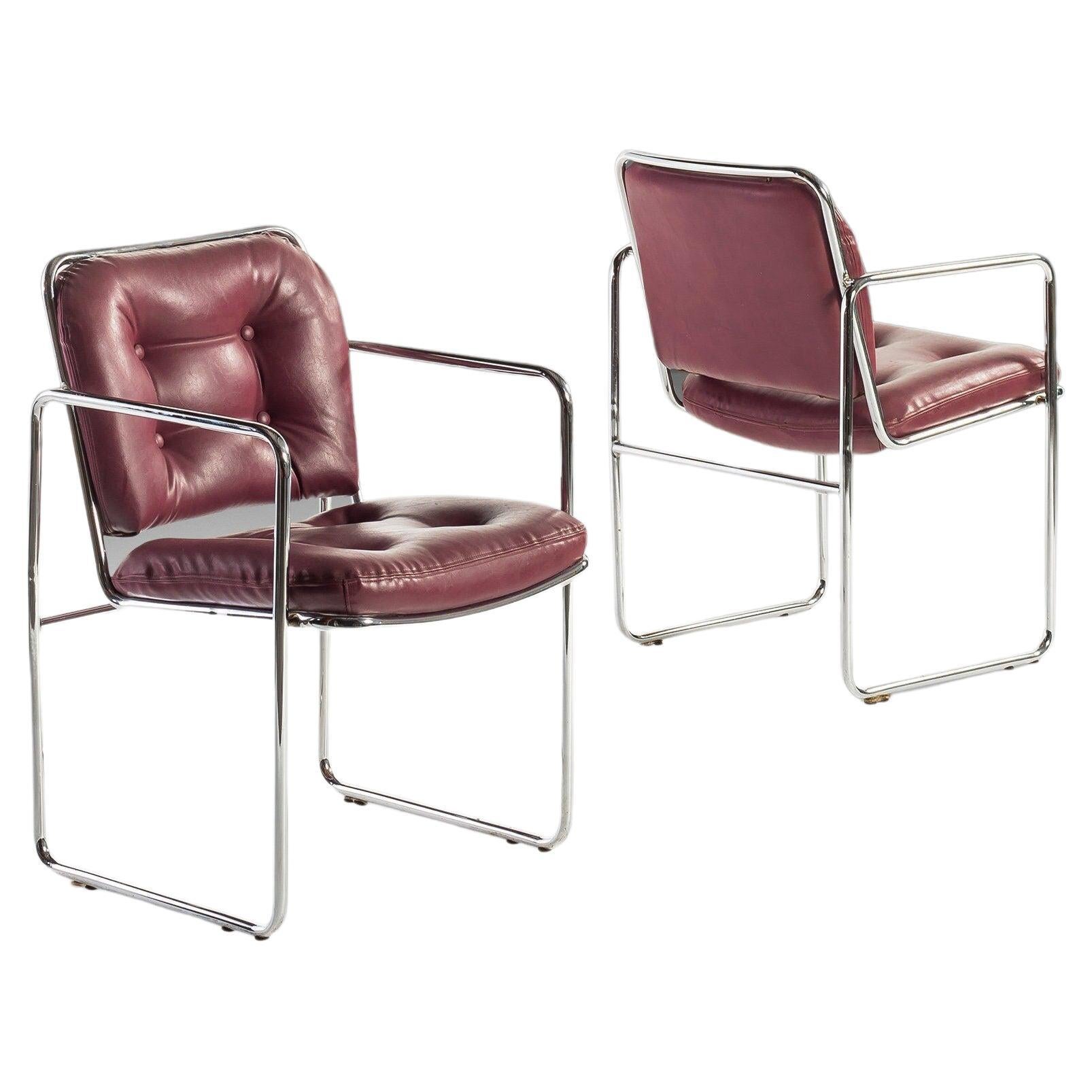 MCM Tubular Chrome Lounge Chairs by Chromcraft with Rich Oxblood Seats, c. 1960s For Sale