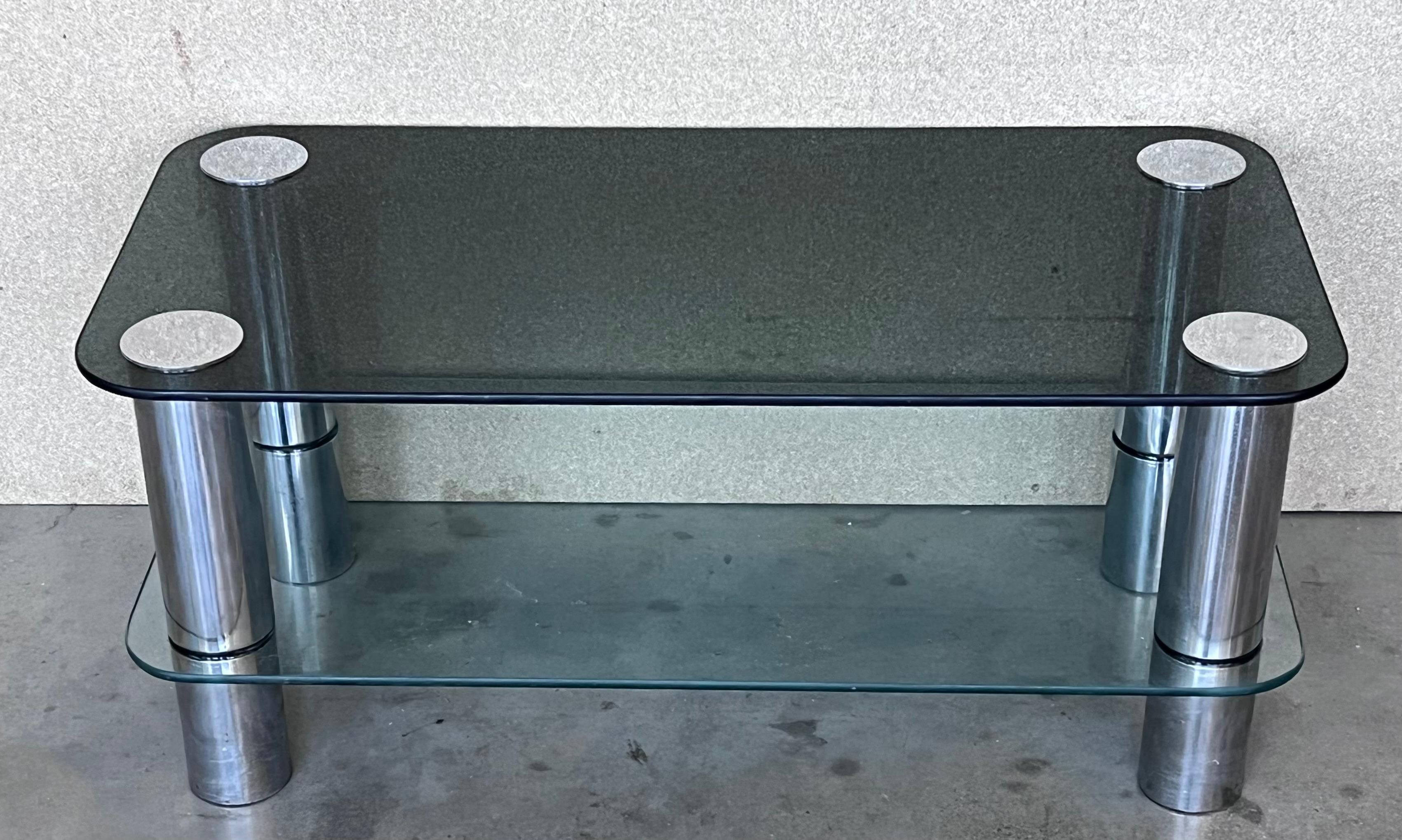 Mid-Century Modern Table basse à deux niveaux en chrome tubulaire, moderne du milieu du siècle dernier, avec plateau en verre fumé en vente