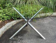 Mid Century Round Glass Top Dining Table with Polished Chrome Crossing Base