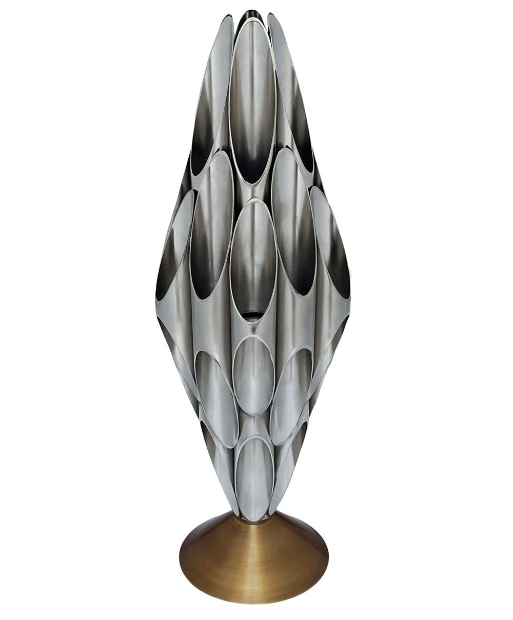 Nickel Mid-Century Modern Tubular Table Sculpture Lamp in Brass & White After Rougier For Sale