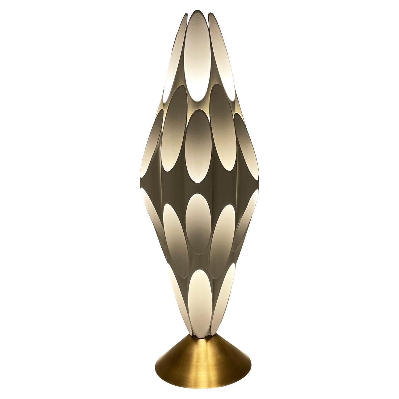 Mid-Century Modern Tubular Table Sculpture Lamp in Brass & White After Rougier For Sale