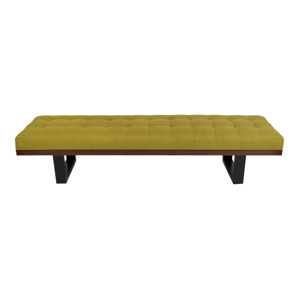 This Mid-Century Modern style bench is has been restored newly refinish in a dark walnut & black color combination with a lacquered finish. This stylish bench comes with a large comfortable seat newly upholstered with a chartreuse color fabric with