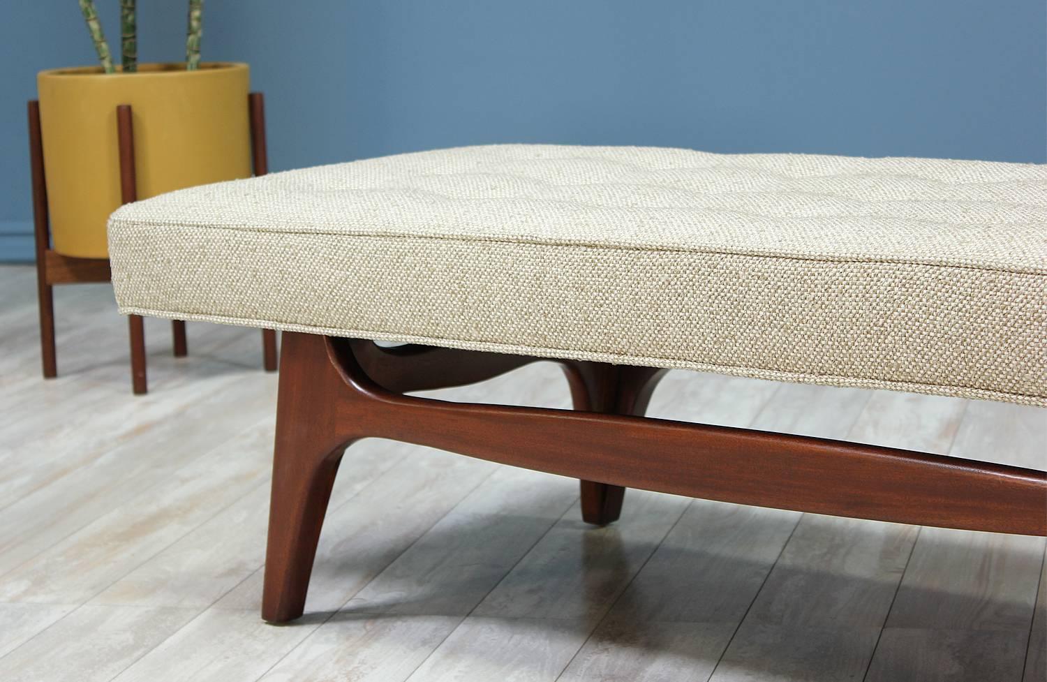 Mid-Century Modern Tufted Bench with Sculpted Walnut Base 3
