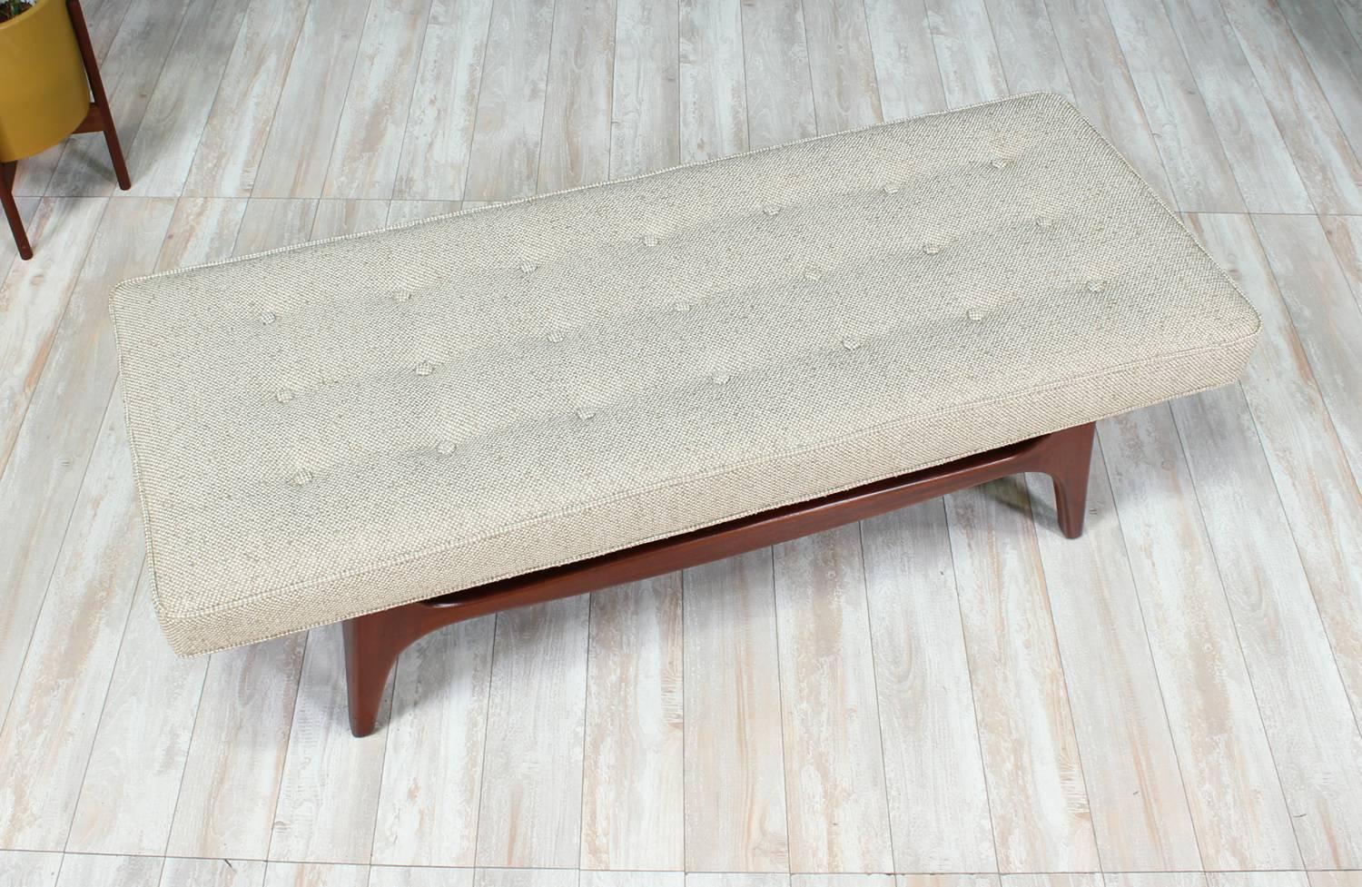 Mid-Century Modern Tufted Bench with Sculpted Walnut Base 4