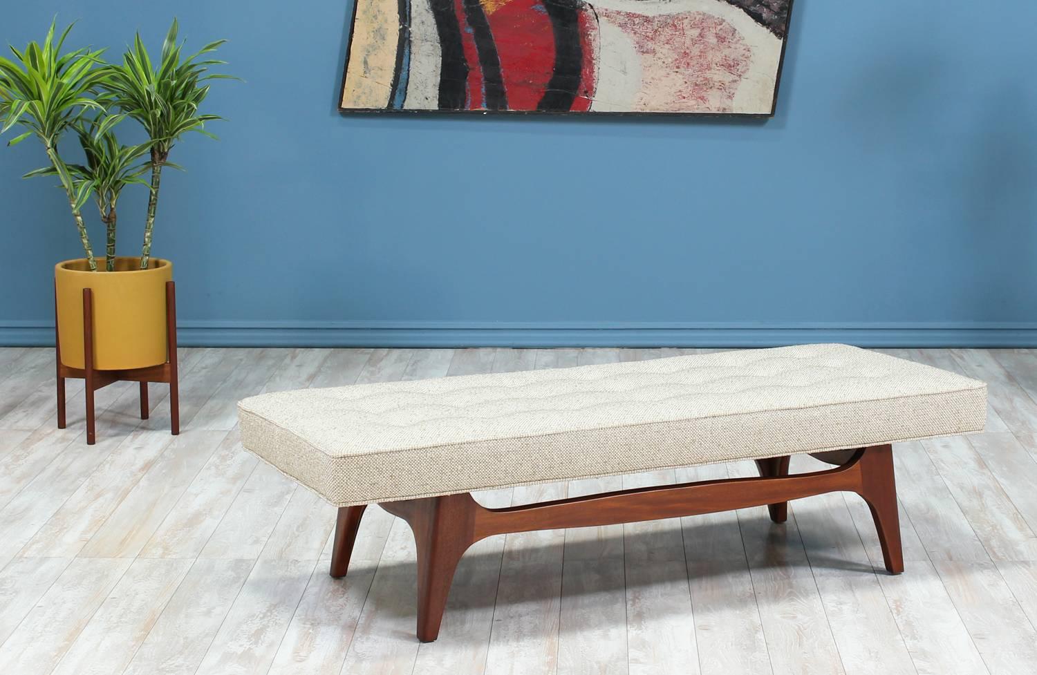 American Mid-Century Modern Tufted Bench with Sculpted Walnut Base