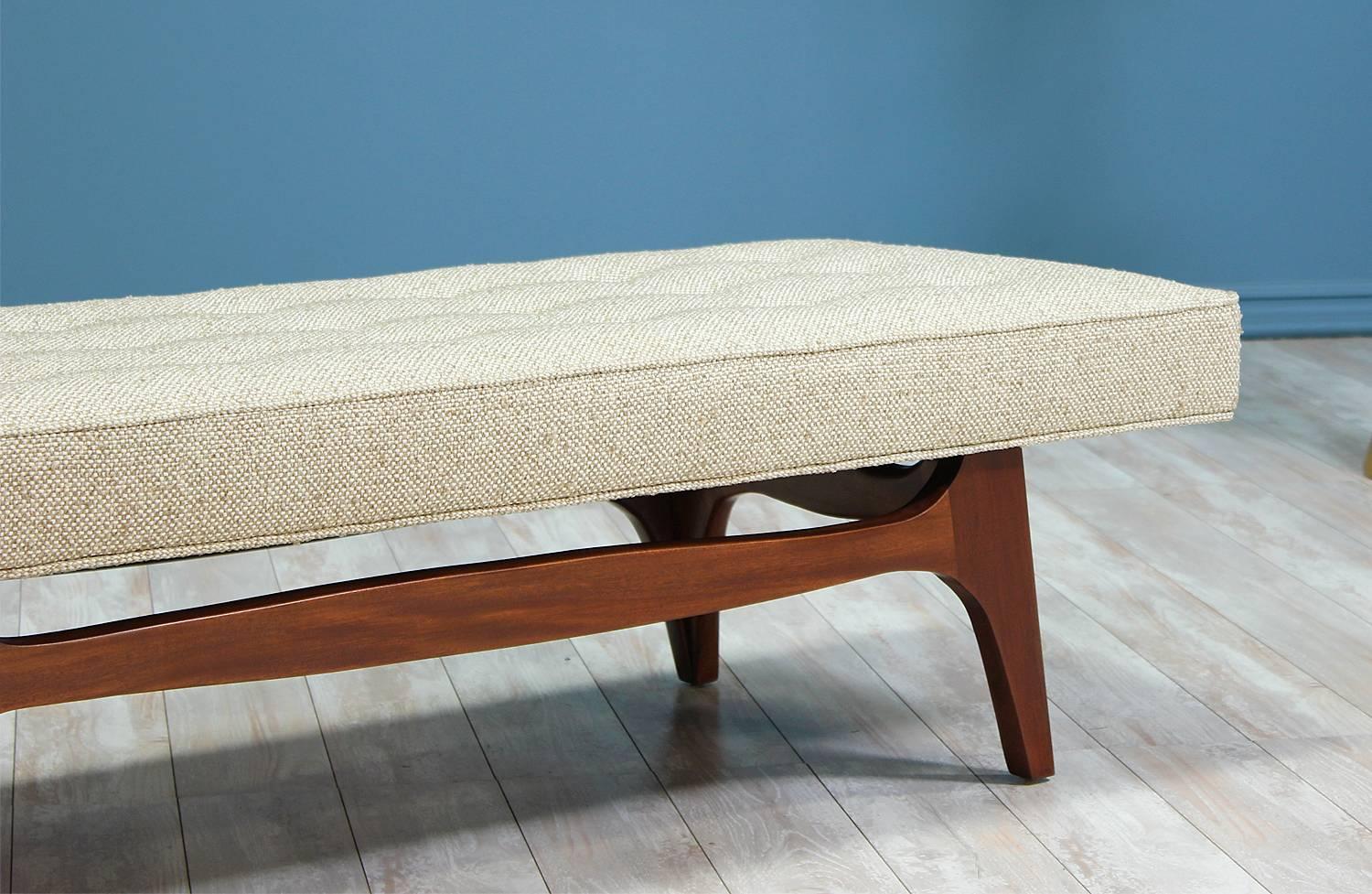 Mid-20th Century Mid-Century Modern Tufted Bench with Sculpted Walnut Base