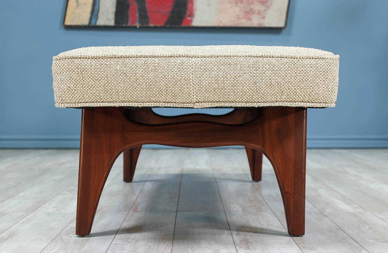 Mid-Century Modern Tufted Bench with Sculpted Walnut Base 2