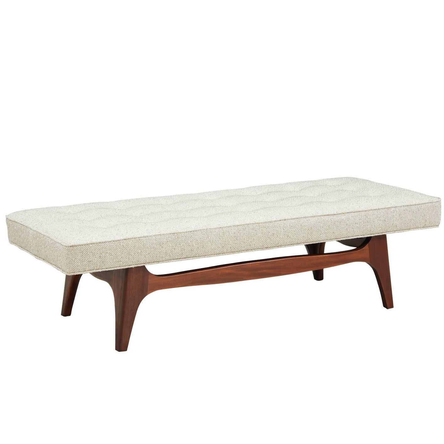 Mid-Century Modern Tufted Bench with Sculpted Walnut Base