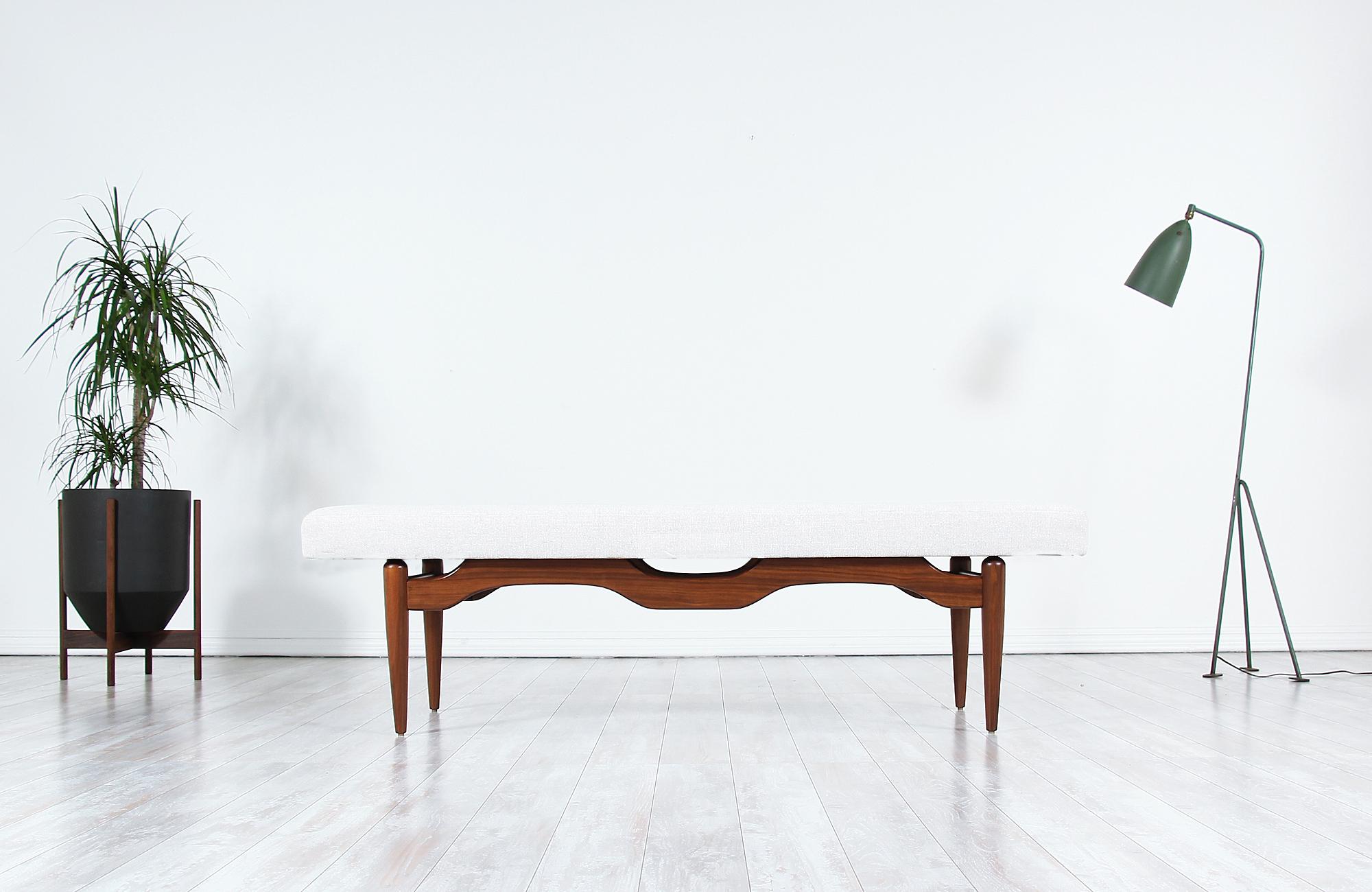 American Mid-Century Modern Tufted Bench with Sculptural Base