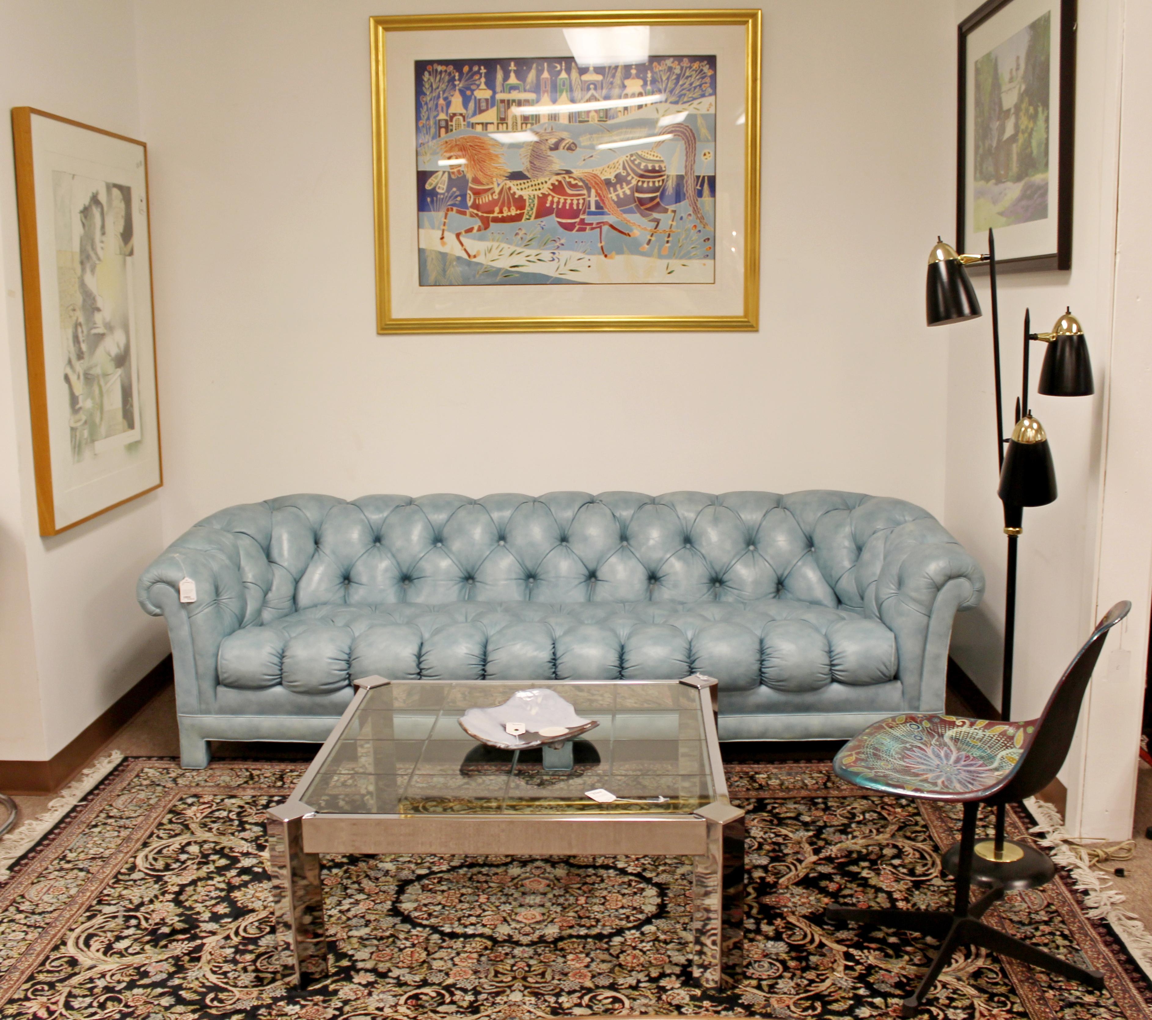 Mid-Century Modern Tufted Blue Leather Chesterfield Classic Sofa, 1970s 2