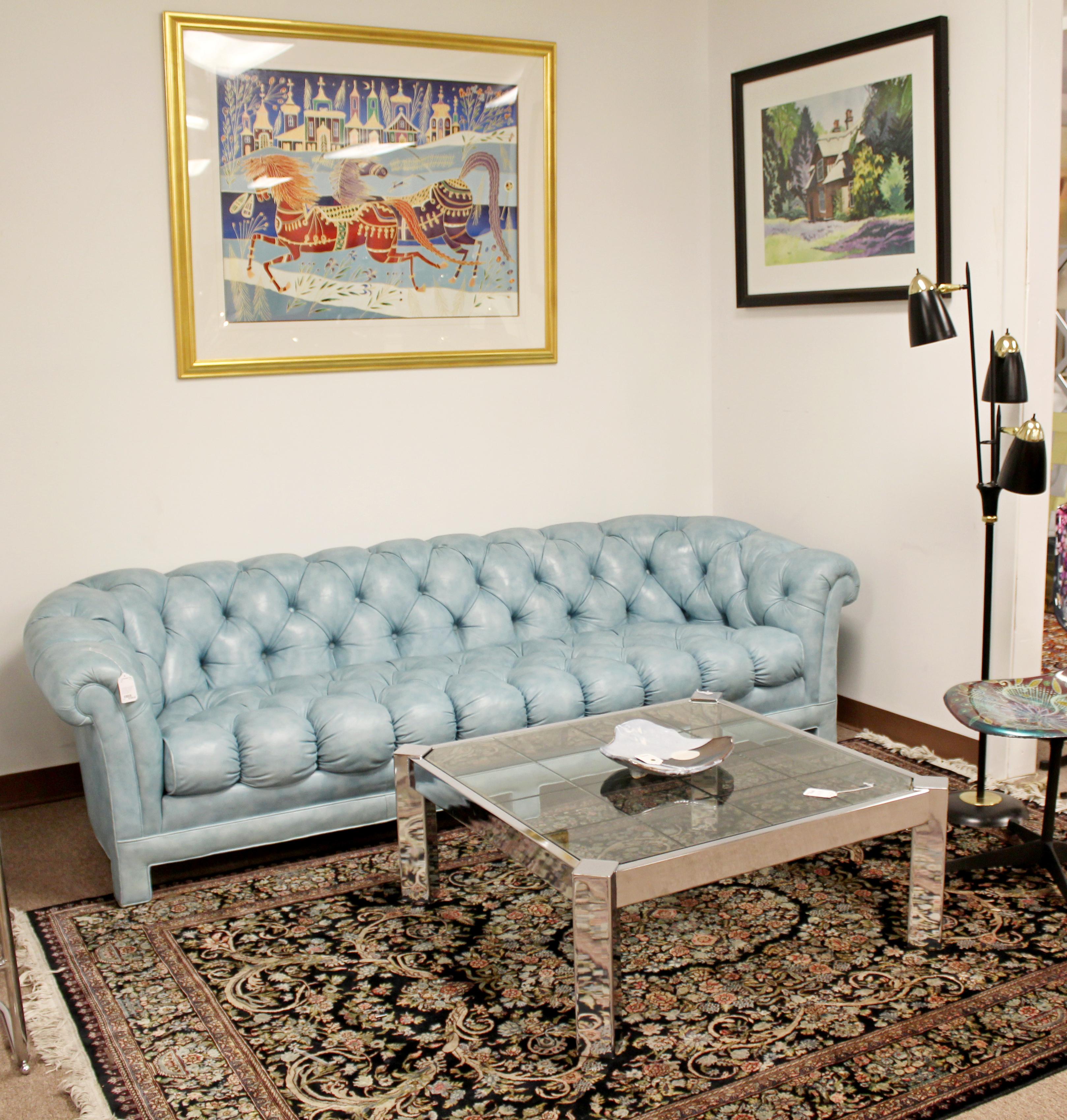 Mid-Century Modern Tufted Blue Leather Chesterfield Classic Sofa, 1970s 1