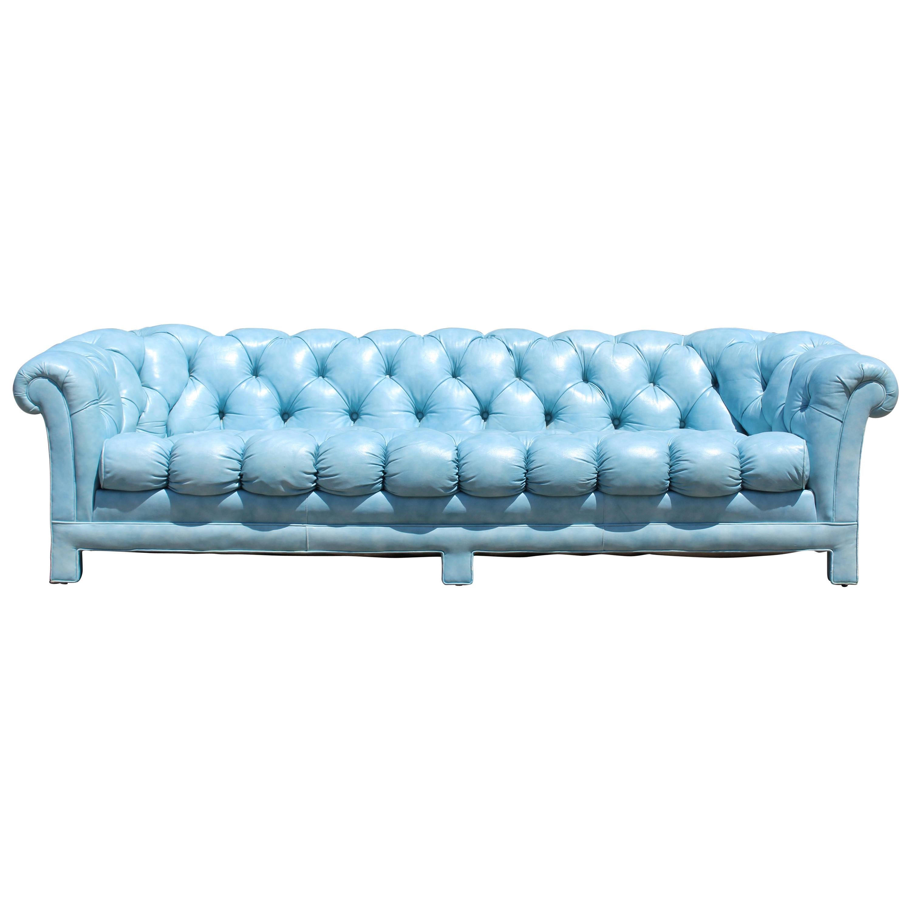Mid-Century Modern Tufted Blue Leather Chesterfield Classic Sofa, 1970s