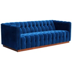 Mid-Century Modern Tufted Blue Velvet Plinth Base Sofa Baughman Dunbar Style