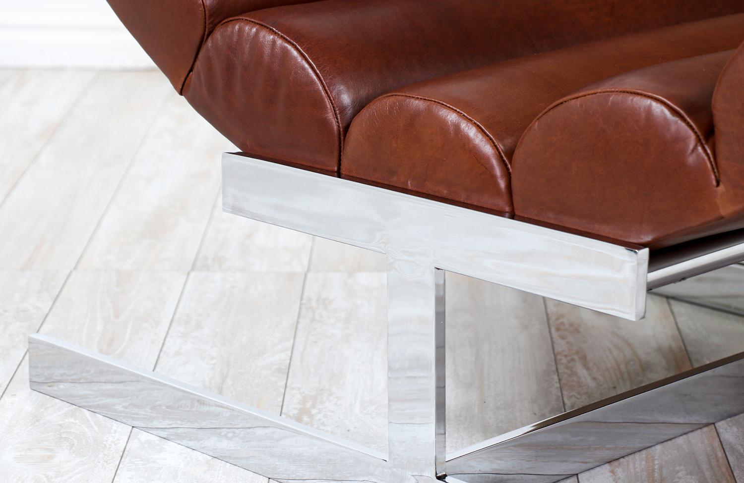 Mid-Century Modern Tufted Cognac Leather & Chrome Chaise Lounge 3