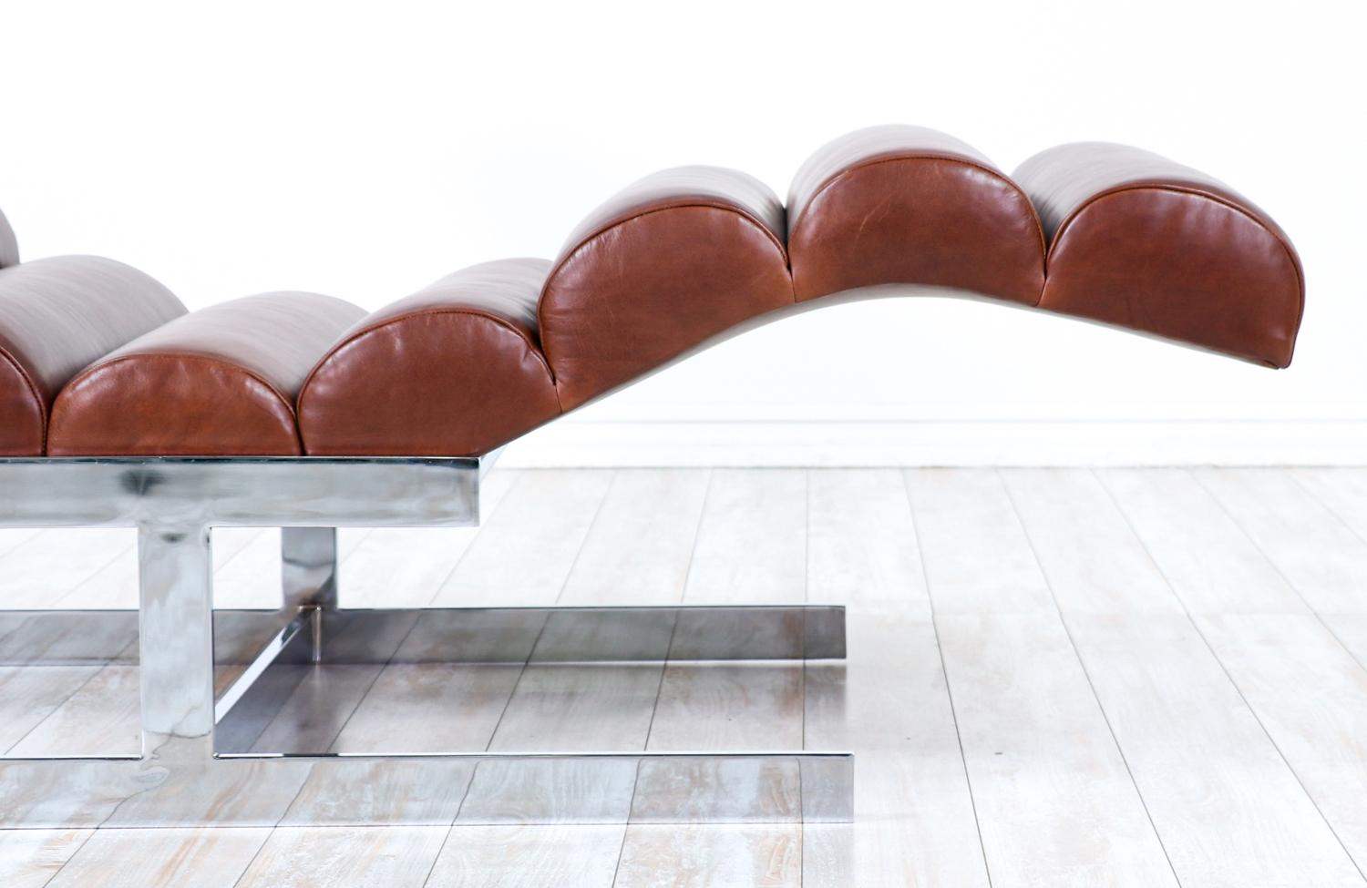 Mid-Century Modern Tufted Cognac Leather & Chrome Chaise Lounge 2