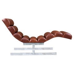 Mid-Century Modern Tufted Cognac Leather & Chrome Chaise Lounge 
