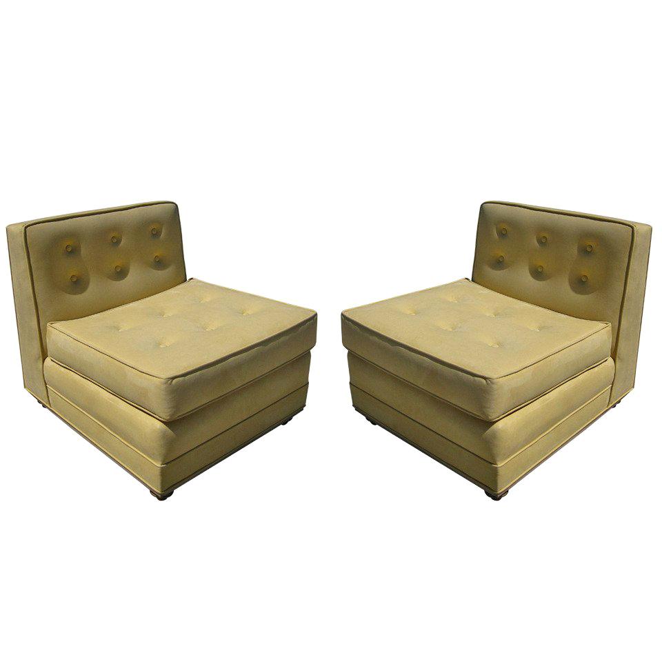 Mid-Century Modern Tufted Suede Slipper Chairs, Pair