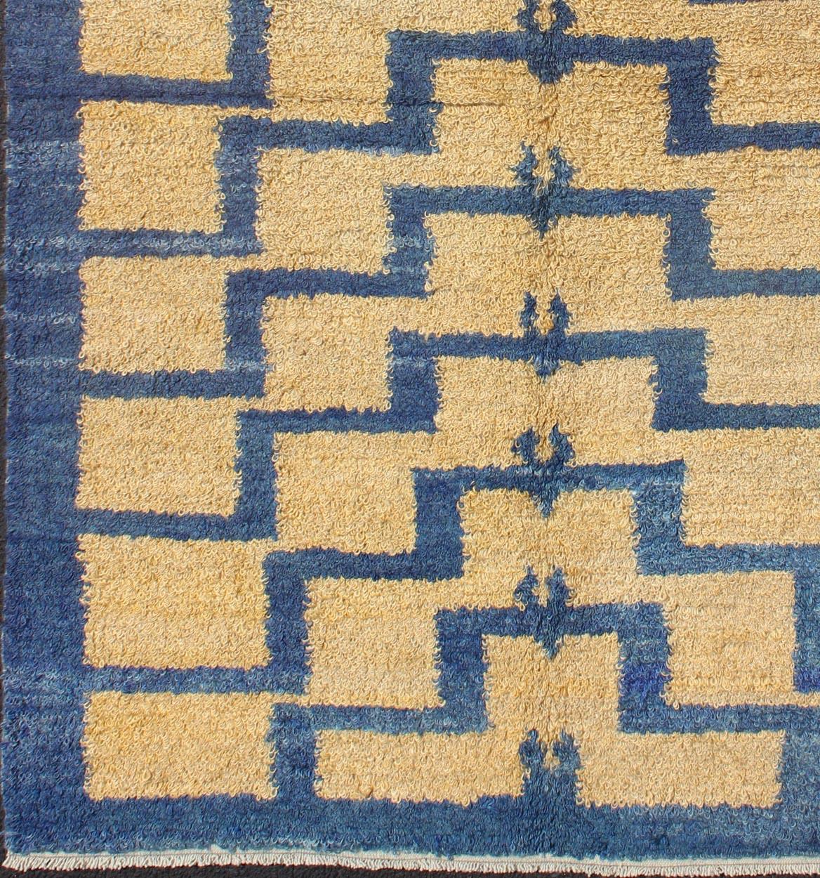 Hand-Knotted Mid-Century Modern Tulu Turkish Carpet with Tribal Pattern in Blue and Soft Gold For Sale