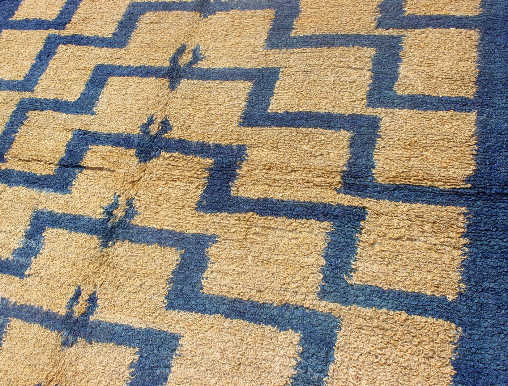 20th Century Mid-Century Modern Tulu Turkish Carpet with Tribal Pattern in Blue and Soft Gold For Sale