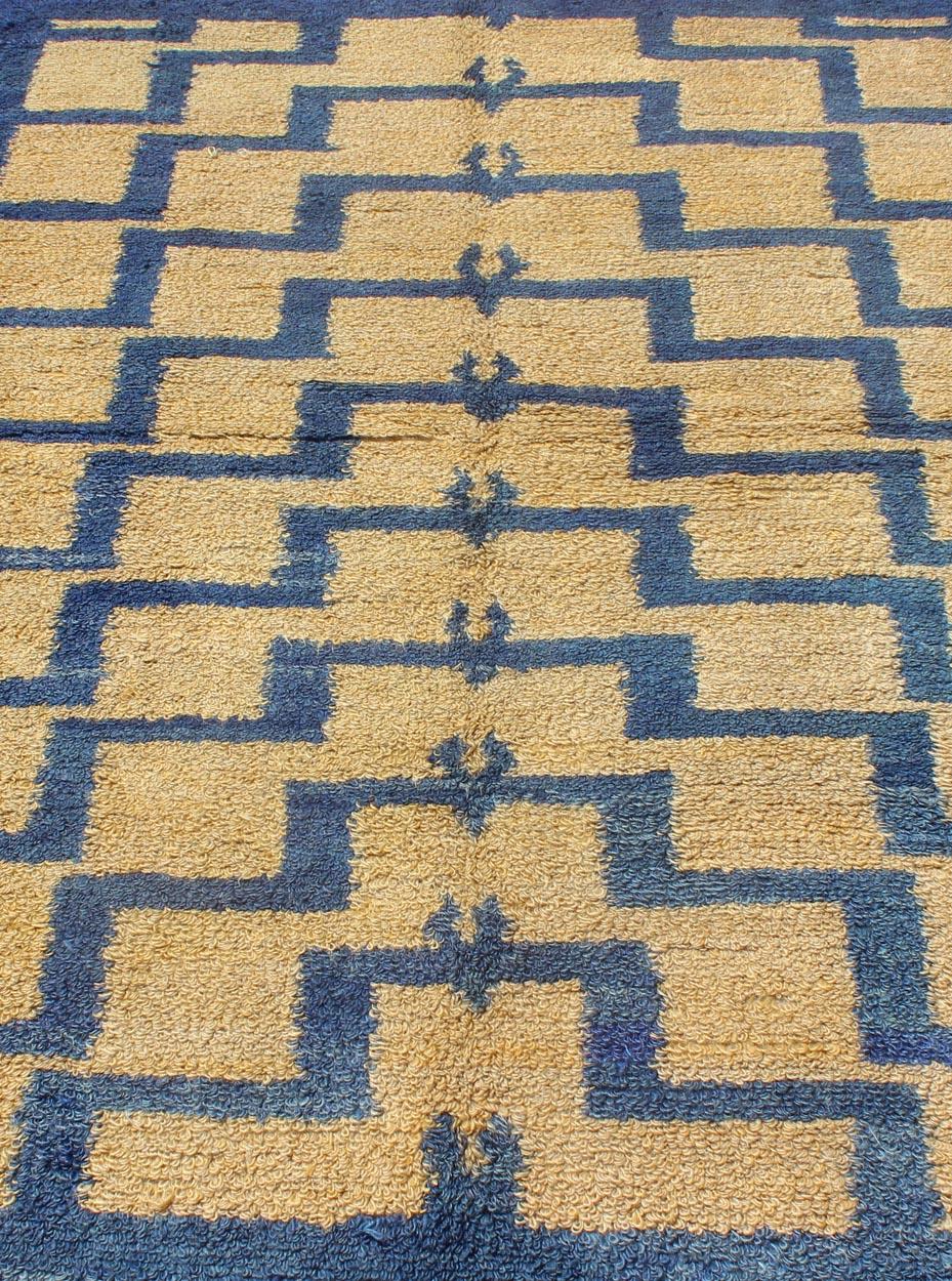 Wool Mid-Century Modern Tulu Turkish Carpet with Tribal Pattern in Blue and Soft Gold For Sale