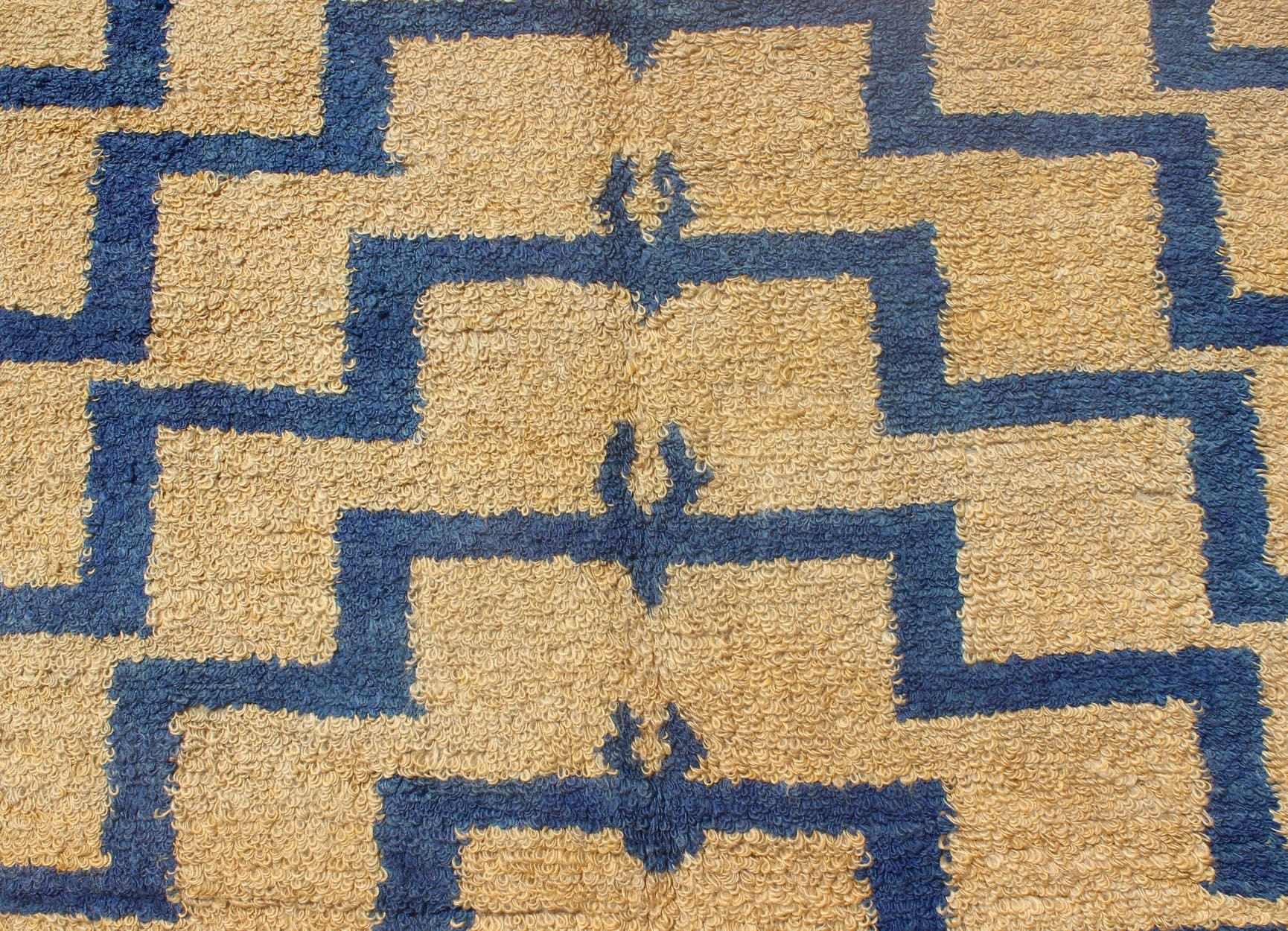 Mid-Century Modern Tulu Turkish Carpet with Tribal Pattern in Blue and Soft Gold For Sale 2