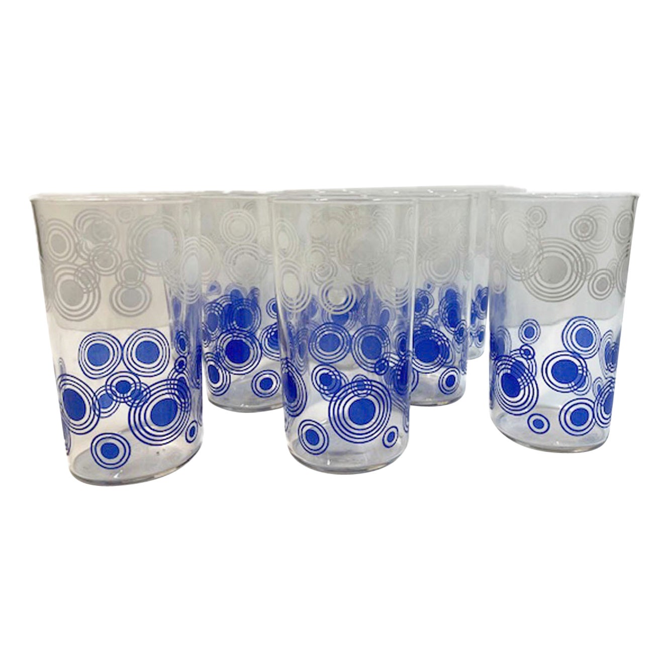 Moderne Becher aus der Mitte des Jahrhunderts, dekoriert mit blauer und weißer Emaille von Libbey