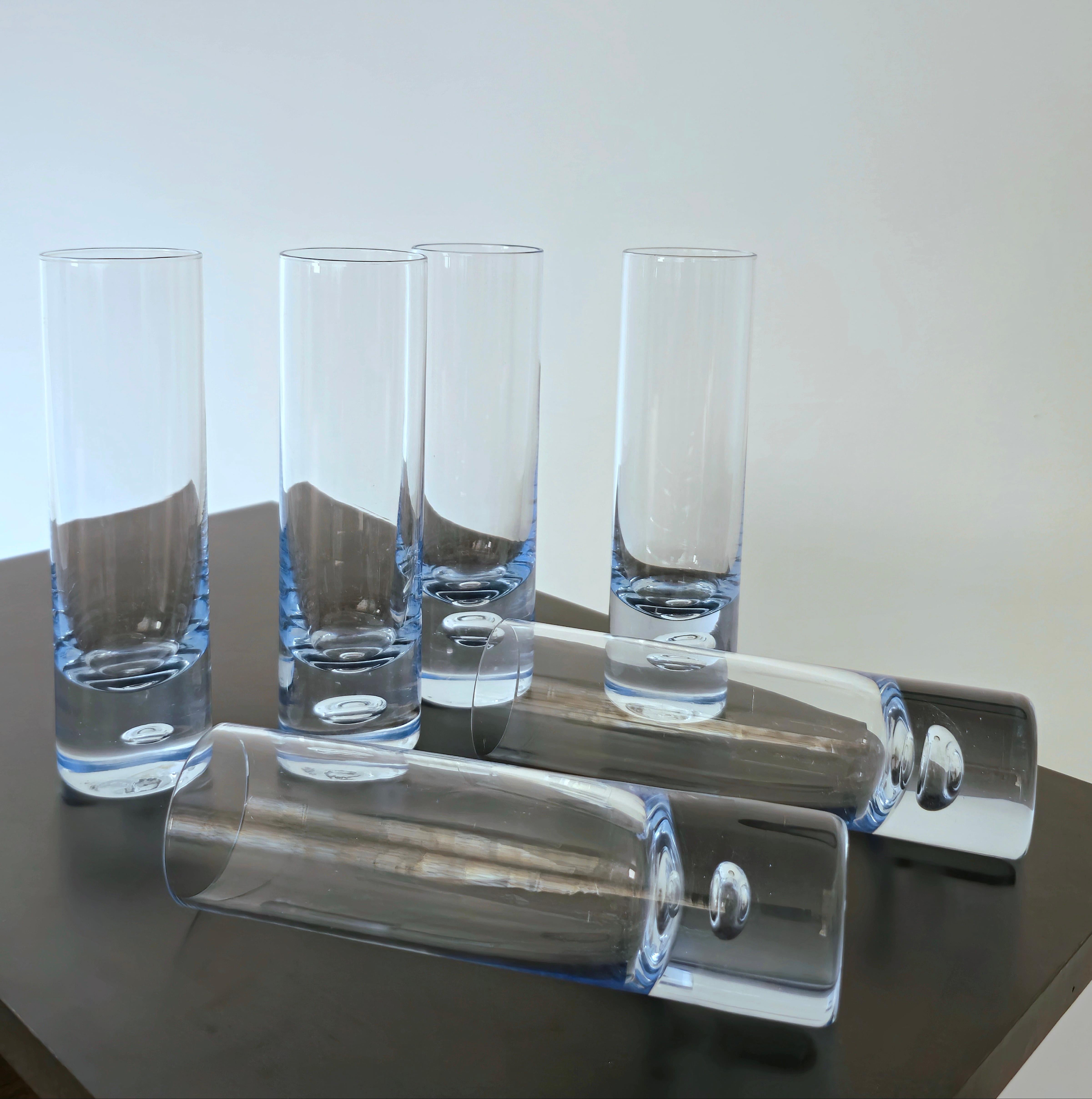 Blown Glass MidCentury Modern Tumblers Glasses Clear and Light Blue Glass Italy 70s Set of 6