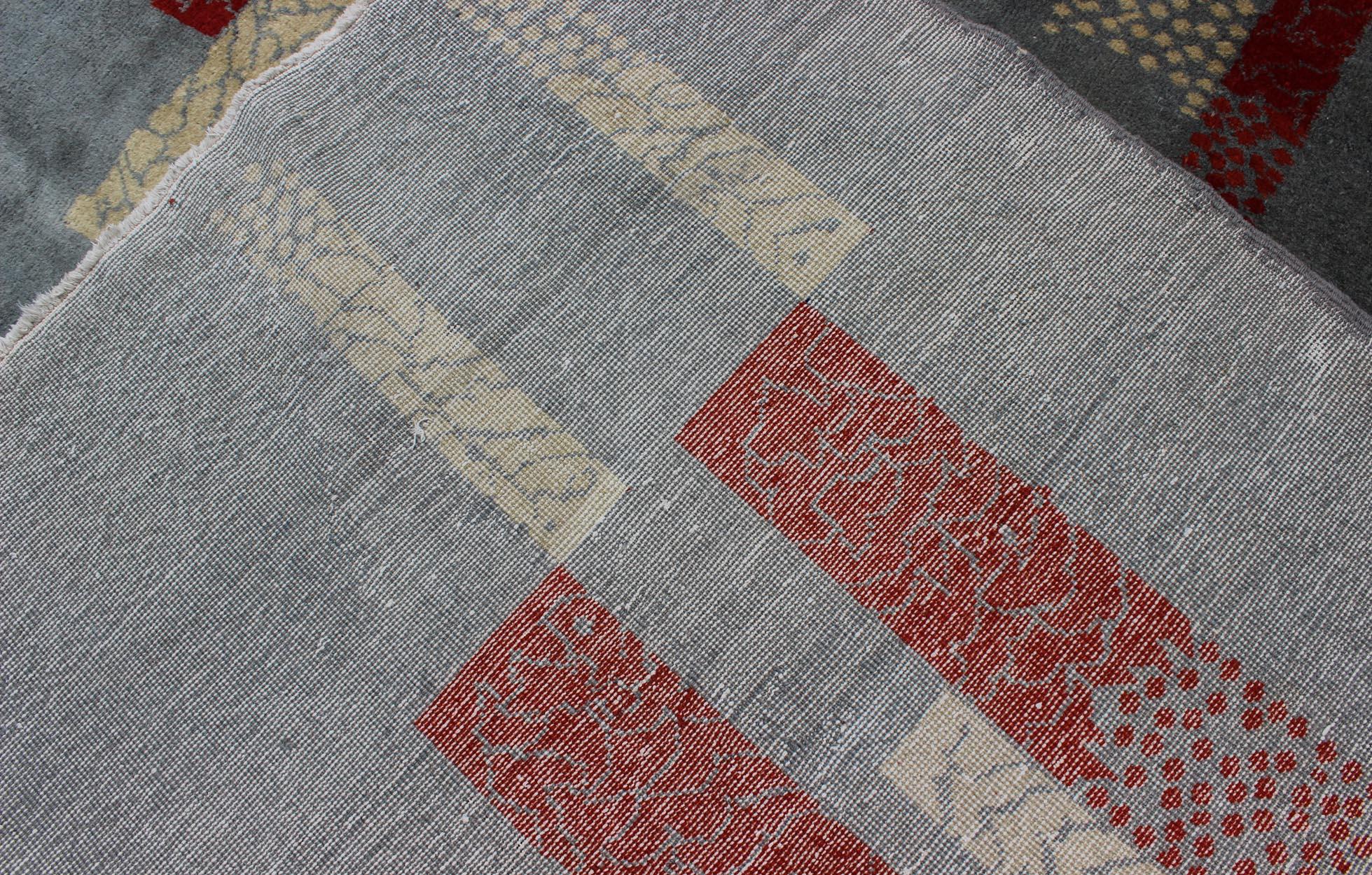 Mid-Century Modern Rug with Abstract Design in Gray Blue Background, Red, Cream For Sale 3