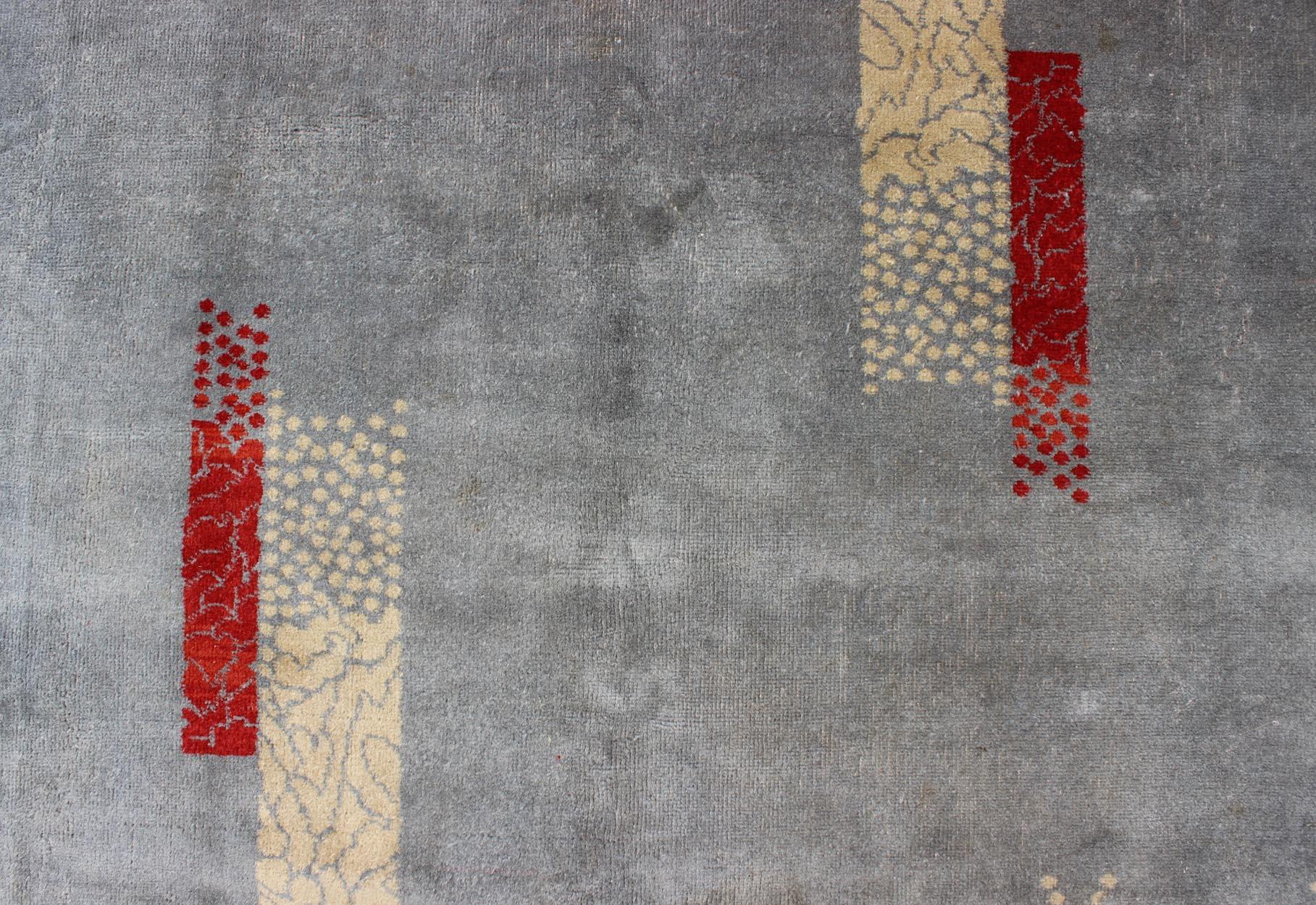 Turkish Mid-Century Modern Rug with Abstract Design in Gray Blue Background, Red, Cream For Sale