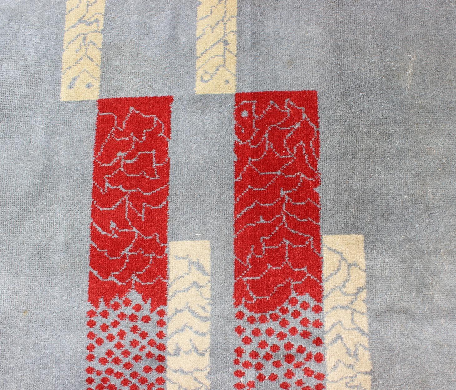 Mid-Century Modern Rug with Abstract Design in Gray Blue Background, Red, Cream In Excellent Condition For Sale In Atlanta, GA