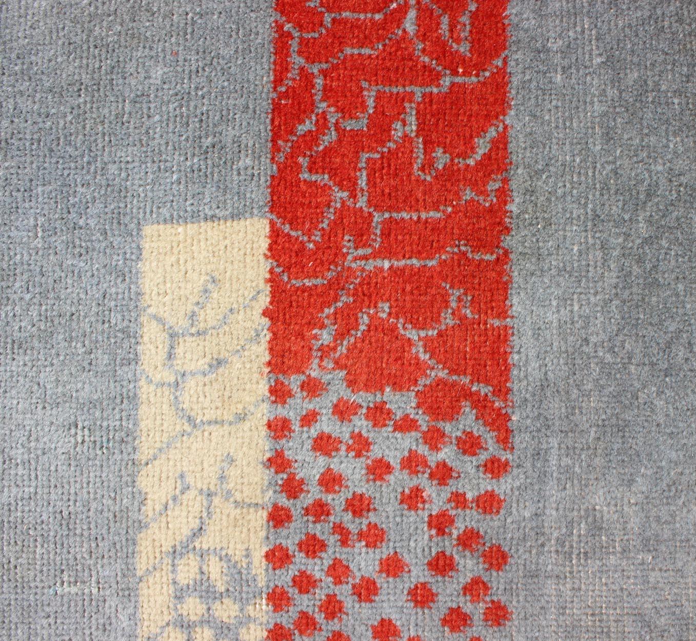 20th Century Mid-Century Modern Rug with Abstract Design in Gray Blue Background, Red, Cream For Sale