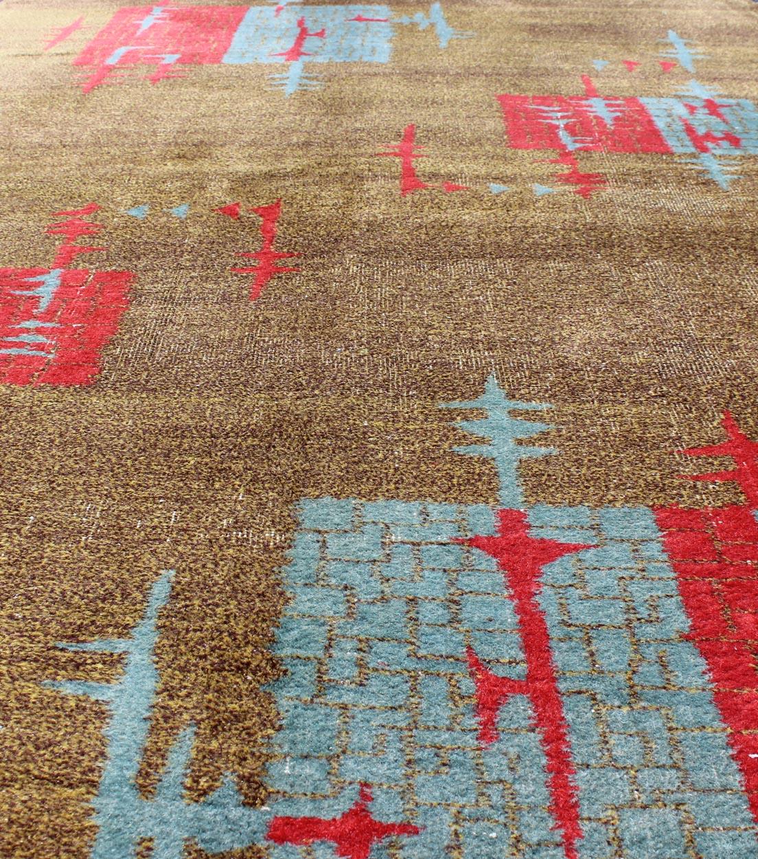 Mid-Century Modern Turkish Rug with Teal-Blue and Red Geometric Shapes  For Sale 1