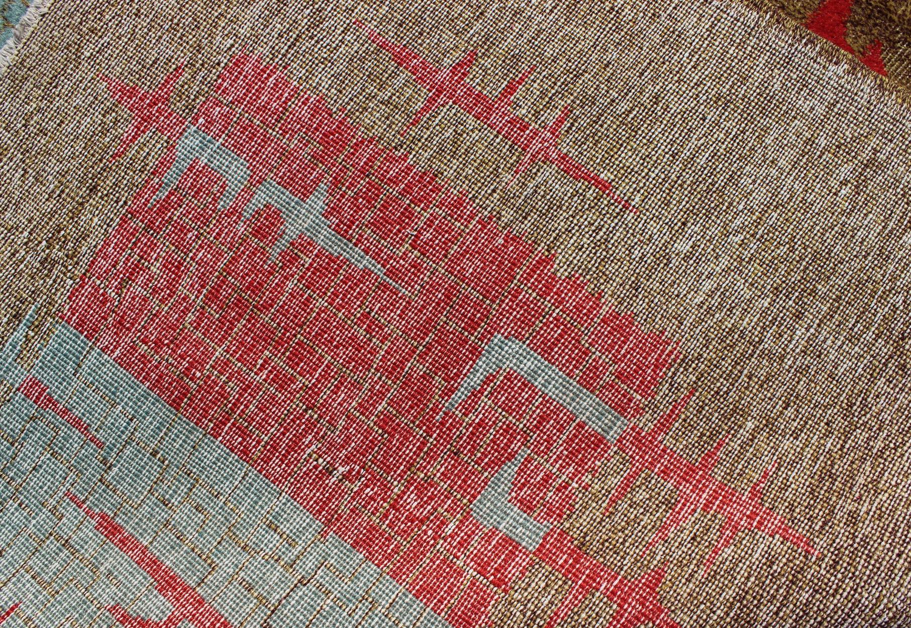 Mid-Century Modern Turkish Rug with Teal-Blue and Red Geometric Shapes  For Sale 3